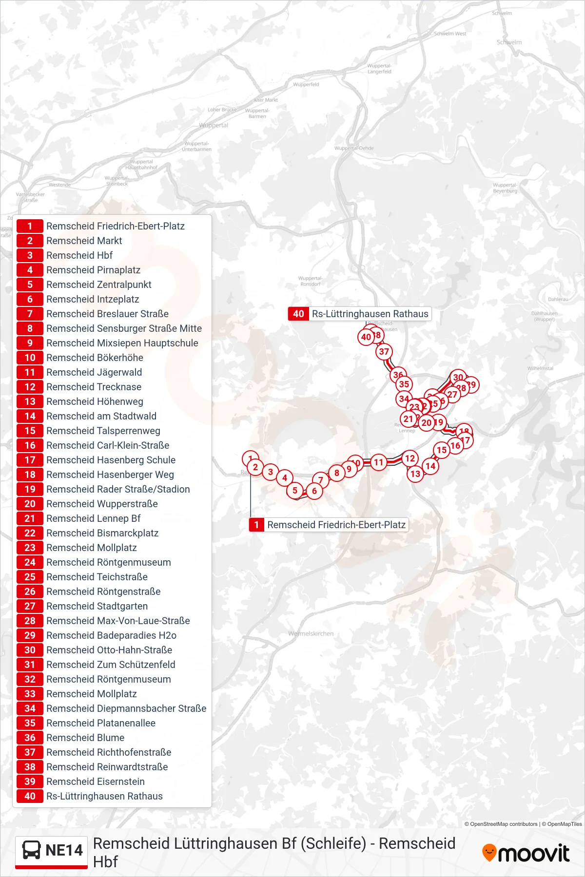 Linie NE14 (Bus) Richtung Remscheid Lüttringhausen Rathaus: Route und Haltestellen auf der Karte