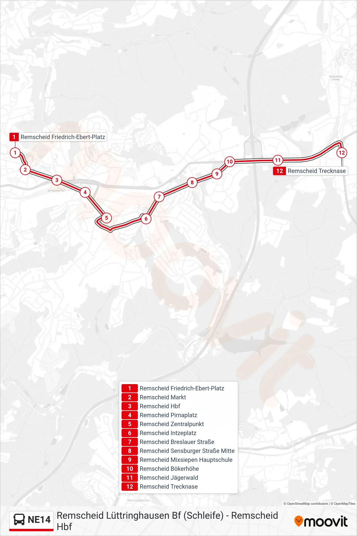 Linie NE14 (Bus) Richtung Remscheid Trecknase: Route und Haltestellen auf der Karte