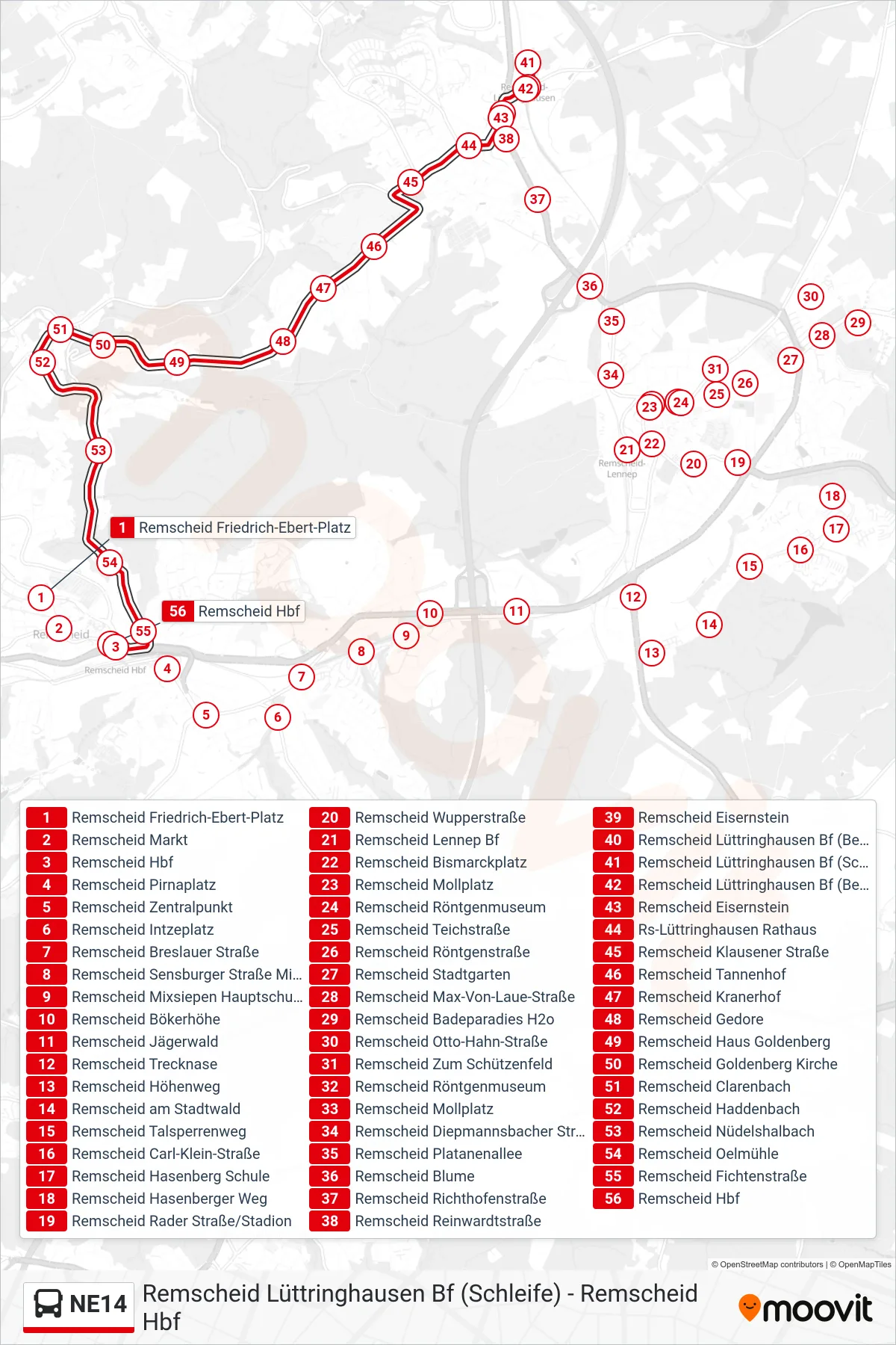 NE14 bus Line (Remscheid Hbf) route and stops on a map