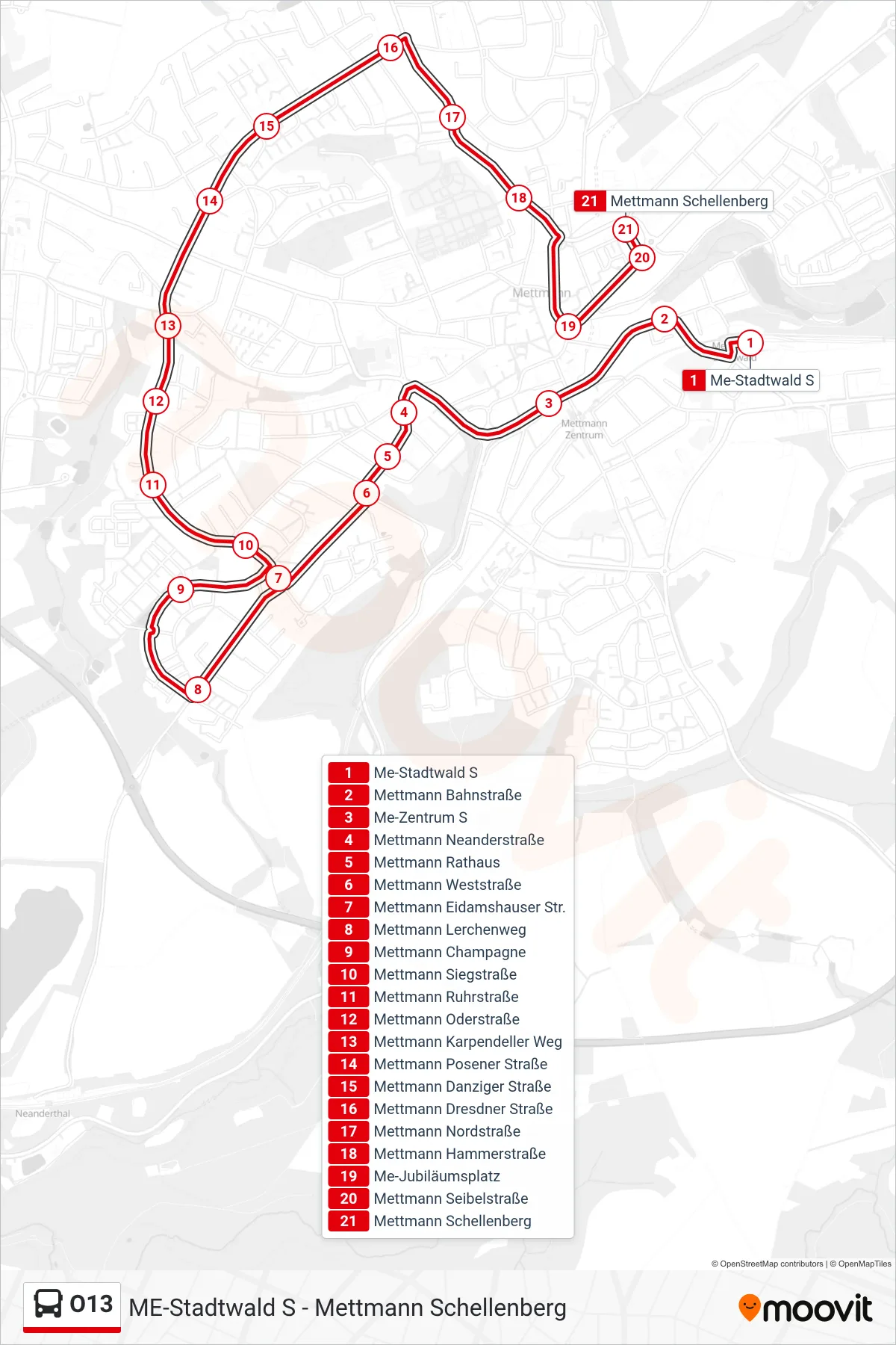 Linie O13 (Bus) Richtung Mettmann Schellenberg: Route und Haltestellen auf der Karte