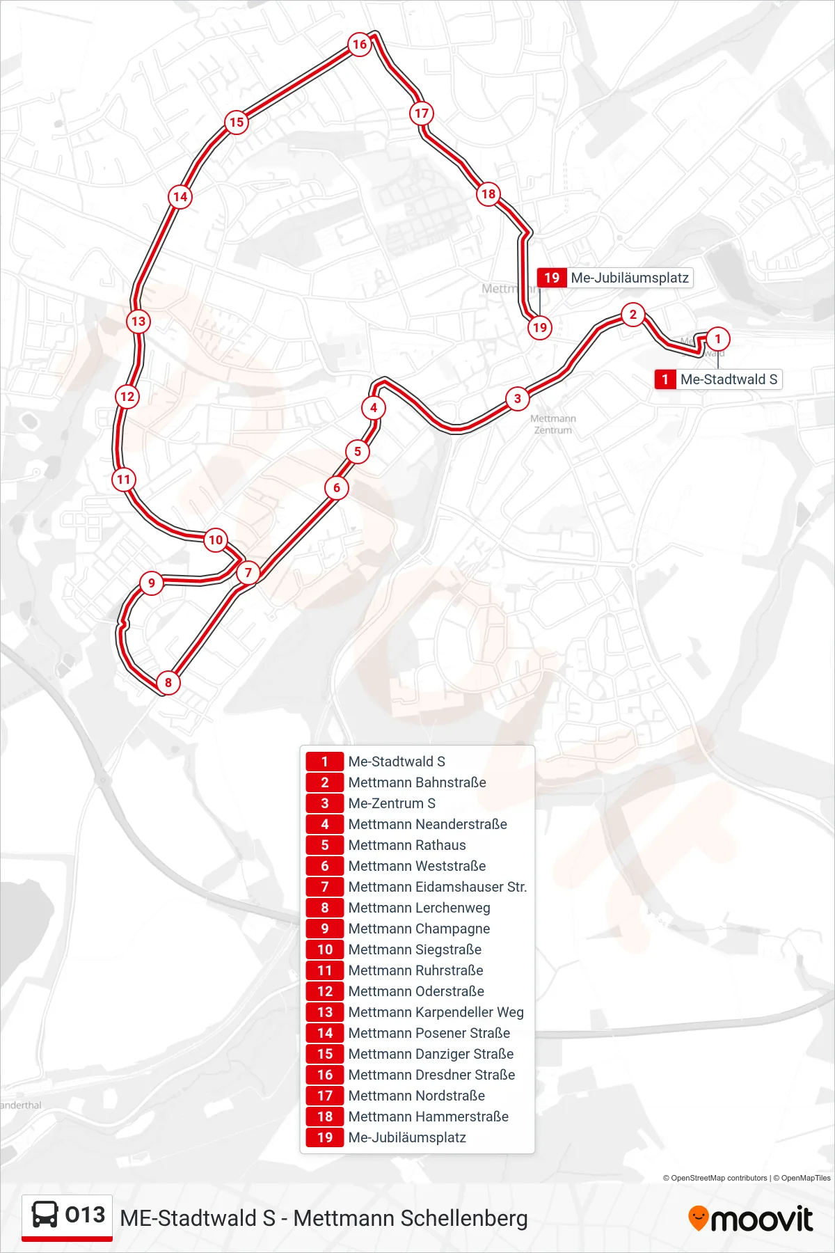 O13 bus Line (Me-Jubiläumsplatz) route and stops on a map