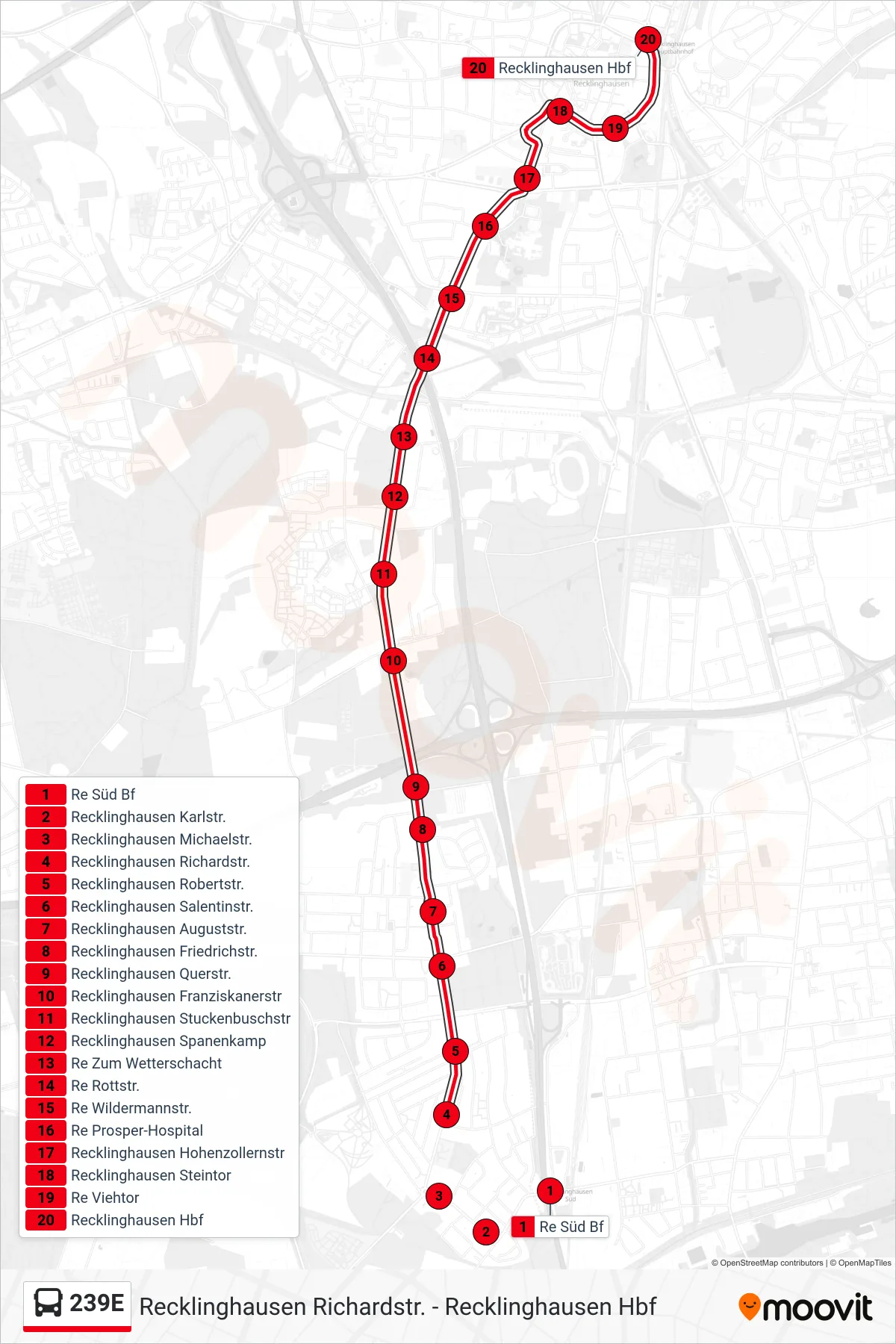 Linie 239E (Bus) Richtung Recklinghausen Hbf: Route und Haltestellen auf der Karte