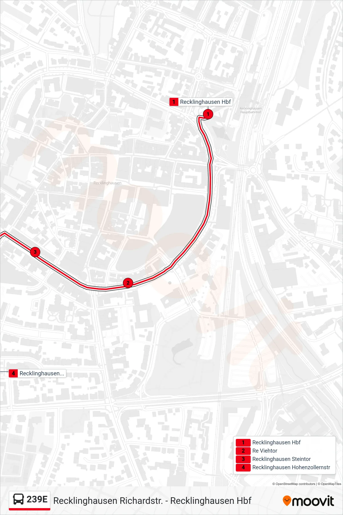 Linie 239E (Bus) Richtung Recklinghausen Hohenzollernstr: Route und Haltestellen auf der Karte