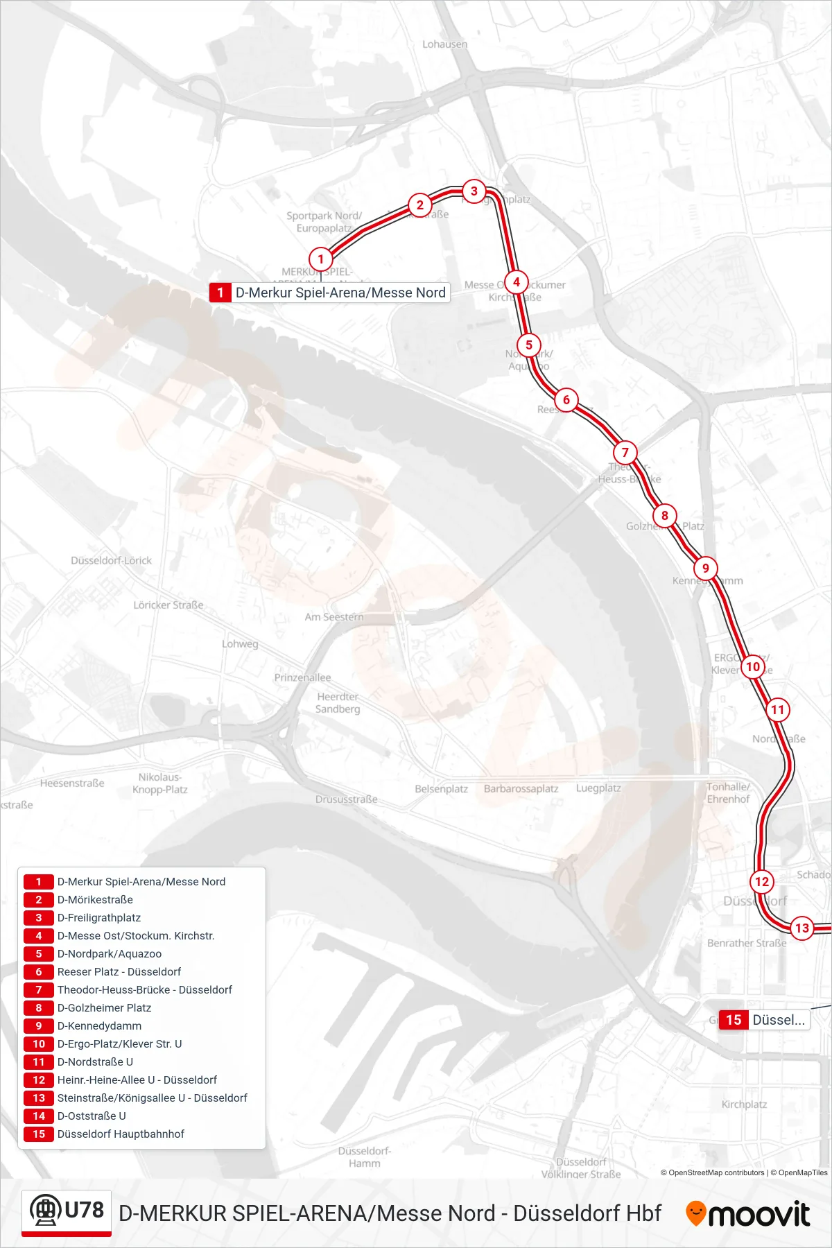 Linie U78 (U-Bahn) Richtung Düsseldorf Hbf: Route und Haltestellen auf der Karte