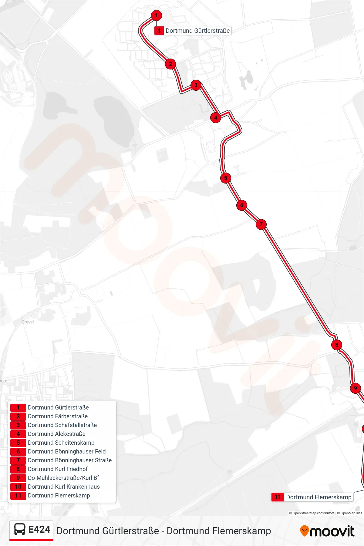 Linie E424 (Bus) Richtung Dortmund Flemerskamp: Route und Haltestellen auf der Karte