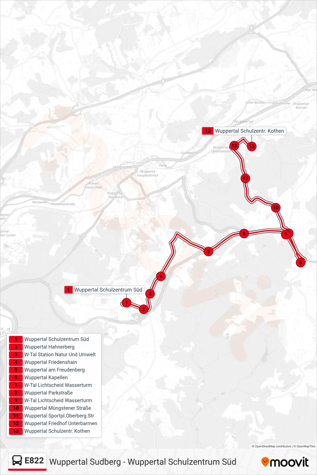 E822 bus Line (Wuppertal Schulzentr. Kothen) route and stops on a map
