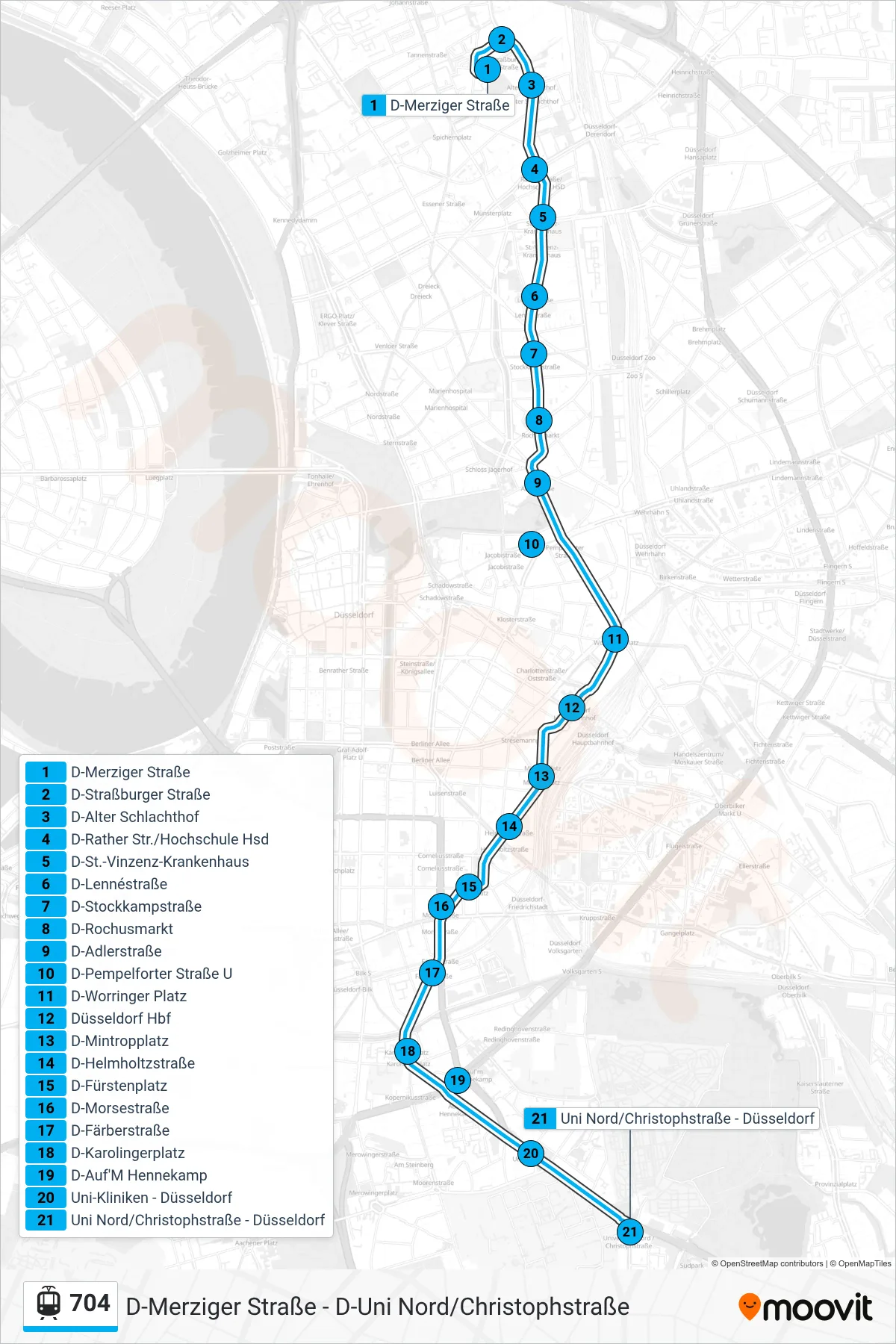 704 light rail Line (D-Uni Nord/Christophstraße) route and stops on a map