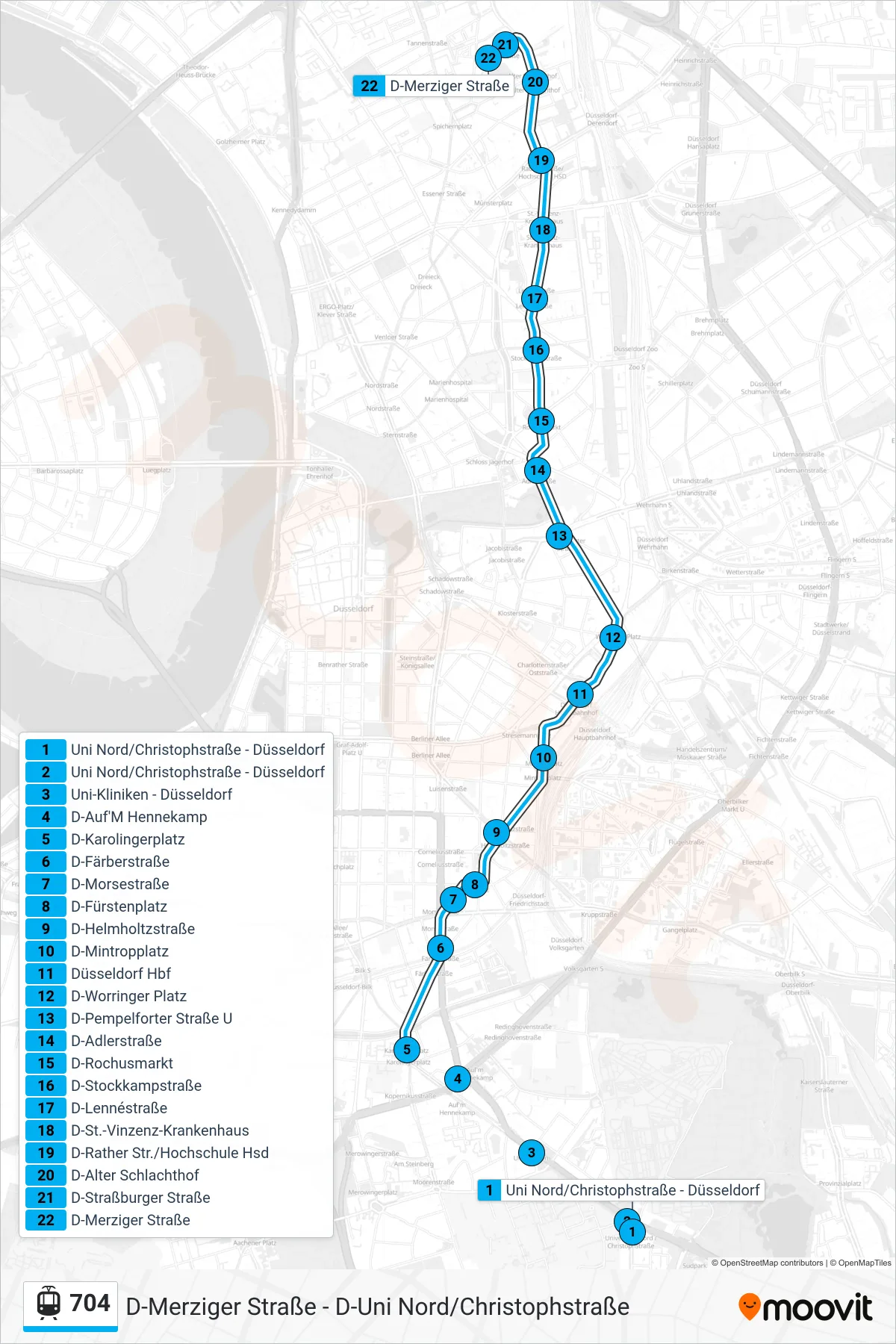704 light rail Line (D-Merziger Straße) route and stops on a map