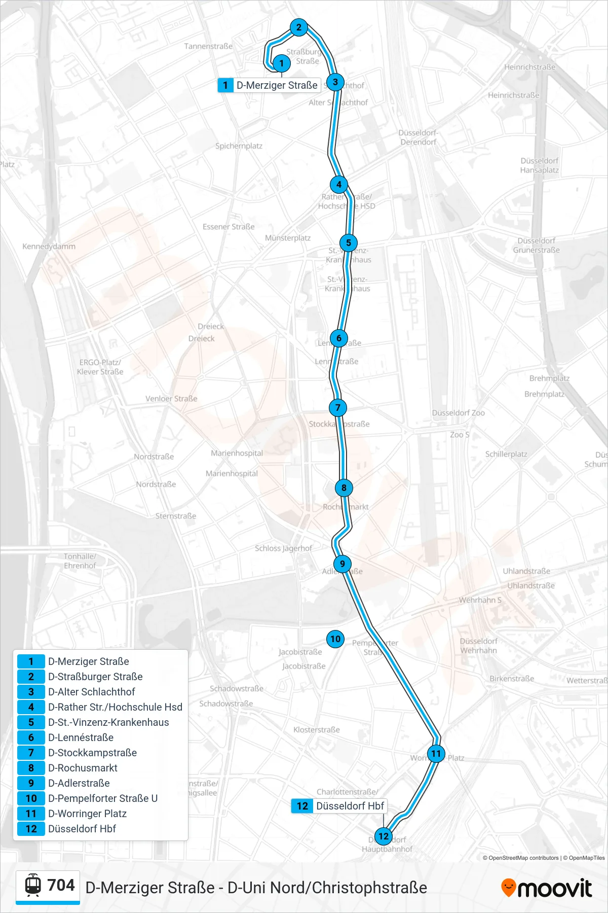 Linie 704 (Straßenbahn) Richtung Düsseldorf Hbf: Route und Haltestellen auf der Karte