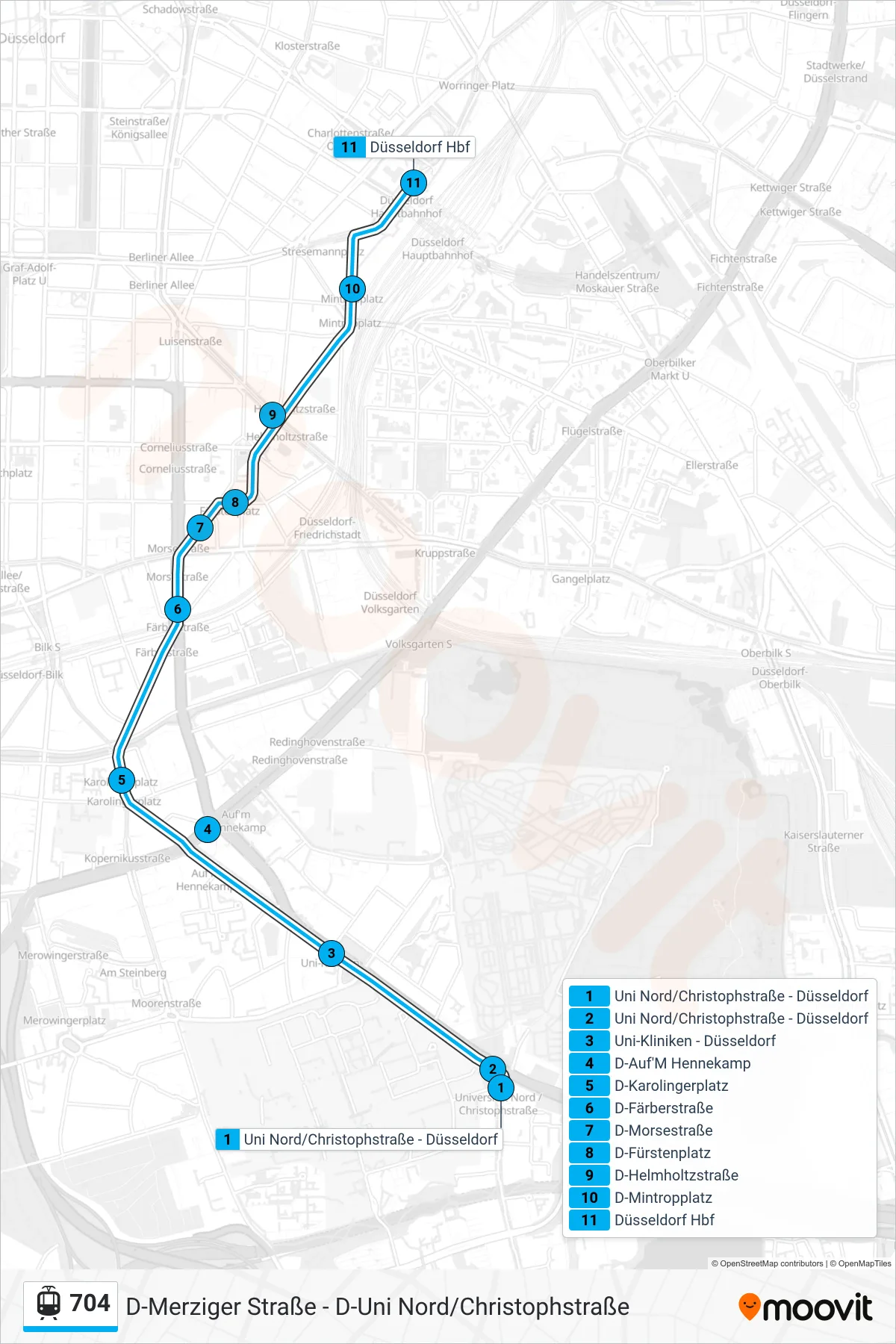 Linie 704 (Straßenbahn) Richtung Düsseldorf Hbf: Route und Haltestellen auf der Karte