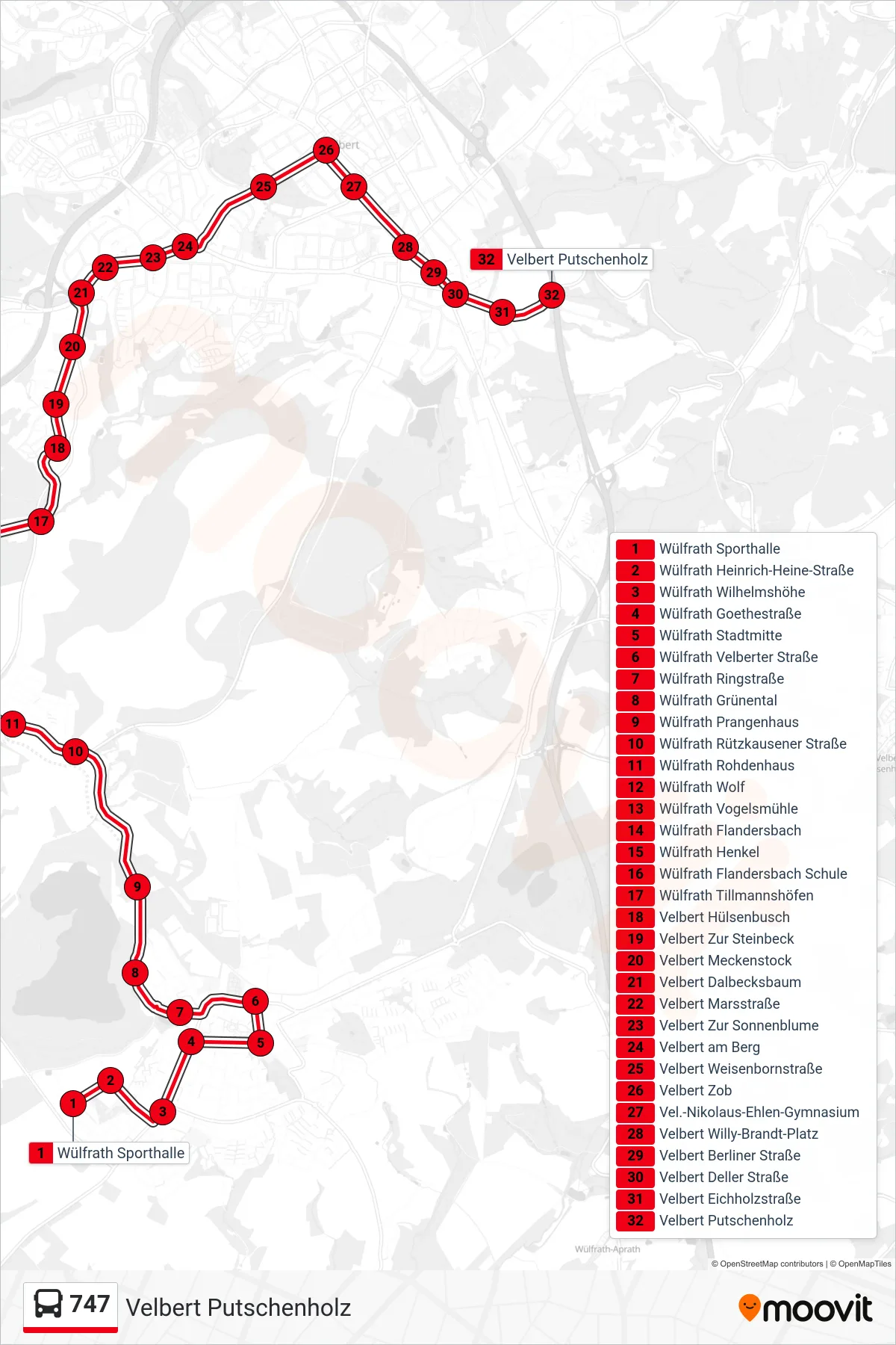 Linie 747 (Bus) Richtung Velbert Putschenholz: Route und Haltestellen auf der Karte