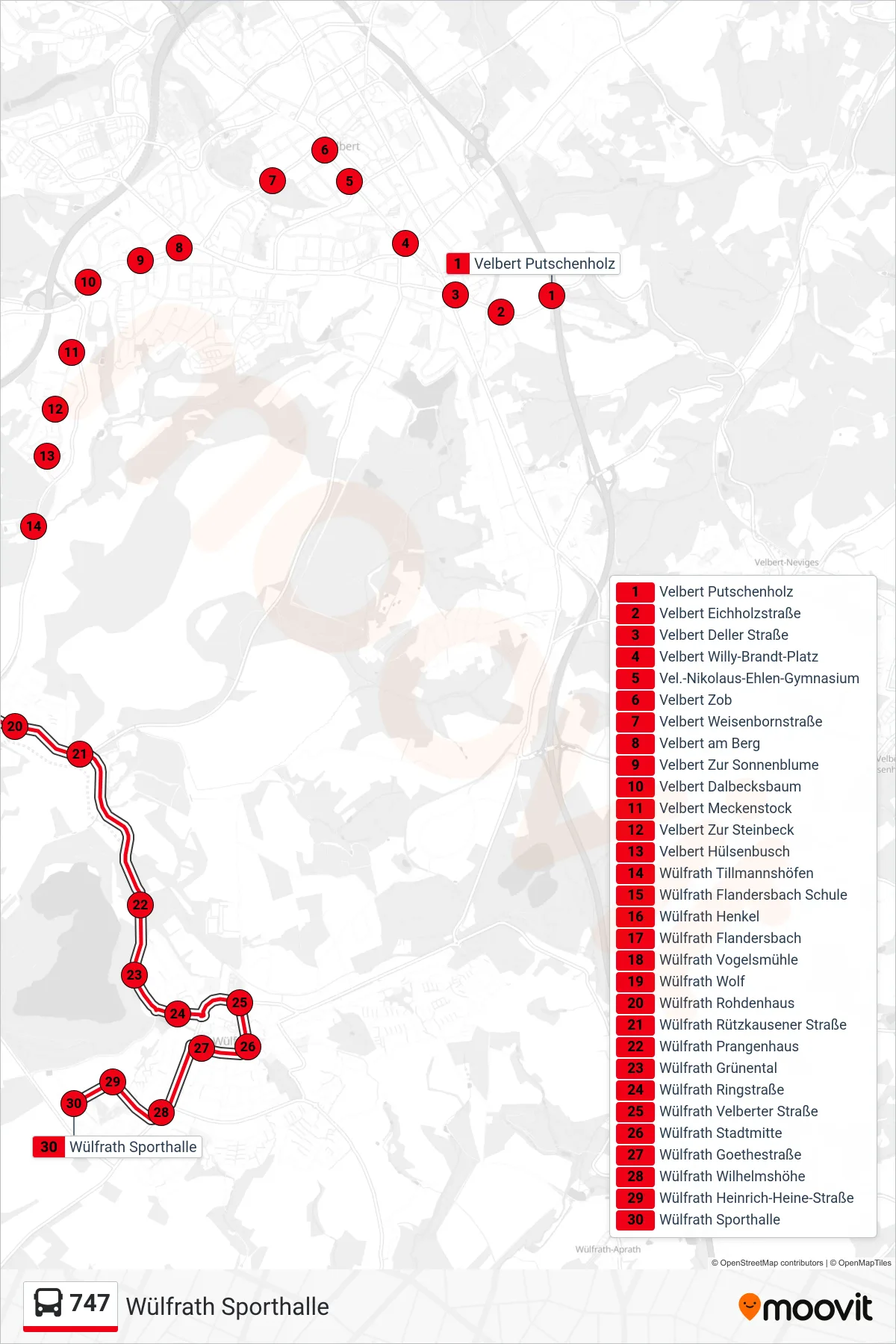 Linie 747 (Bus) Richtung Wülfrath Sporthalle: Route und Haltestellen auf der Karte