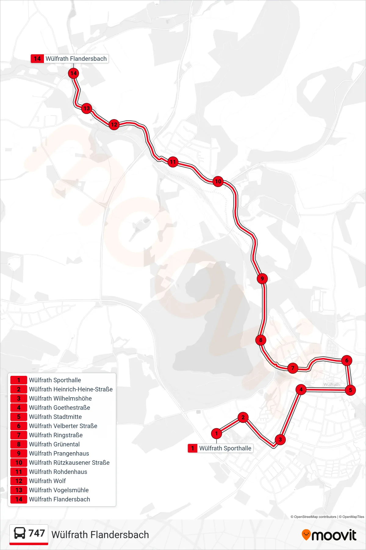 Linie 747 (Bus) Richtung Wülfrath Flandersbach: Route und Haltestellen auf der Karte