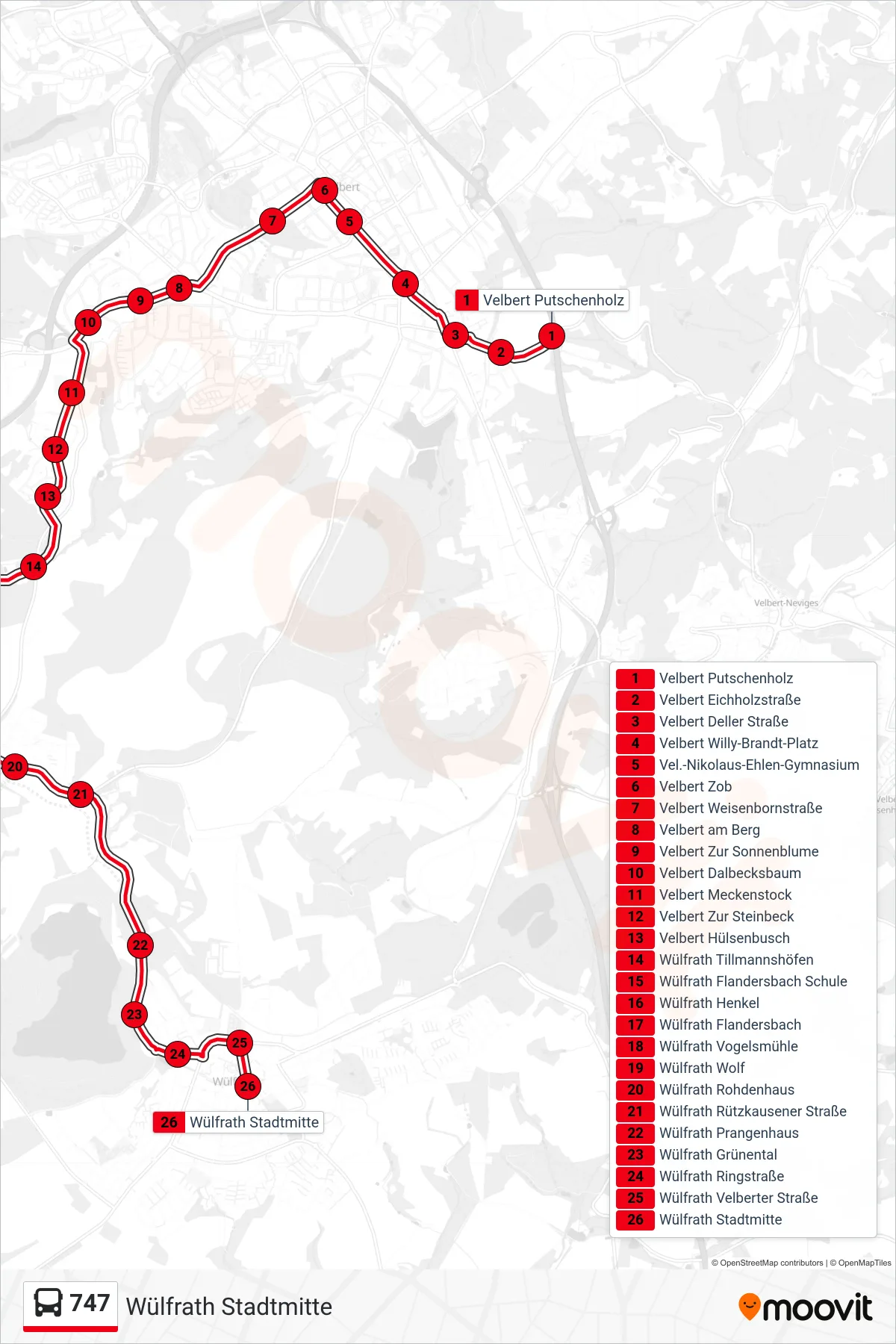 Linie 747 (Bus) Richtung Wülfrath Stadtmitte: Route und Haltestellen auf der Karte