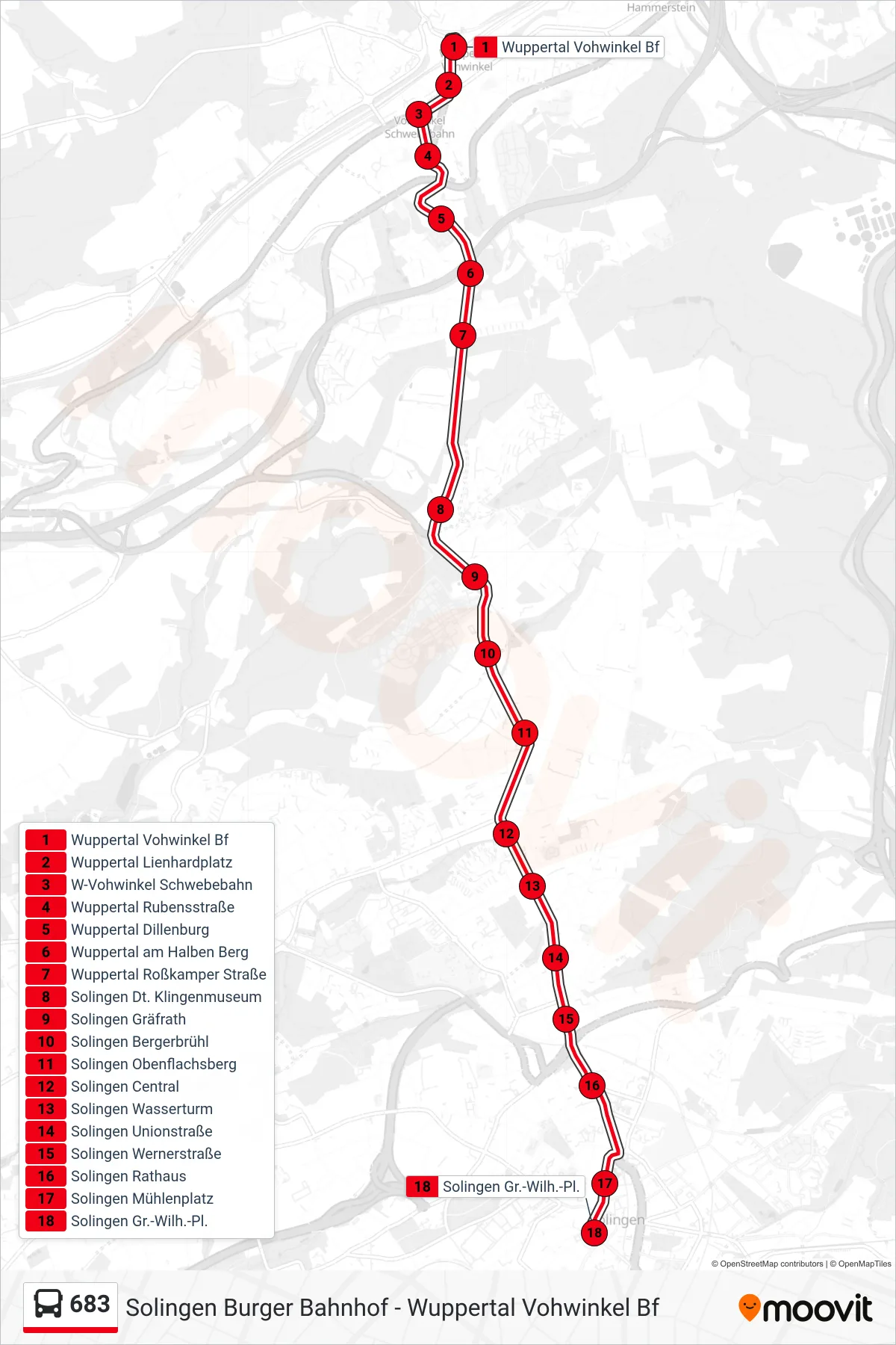 683 bus Line (Solingen Gr.-Wilh.-Pl.) route and stops on a map