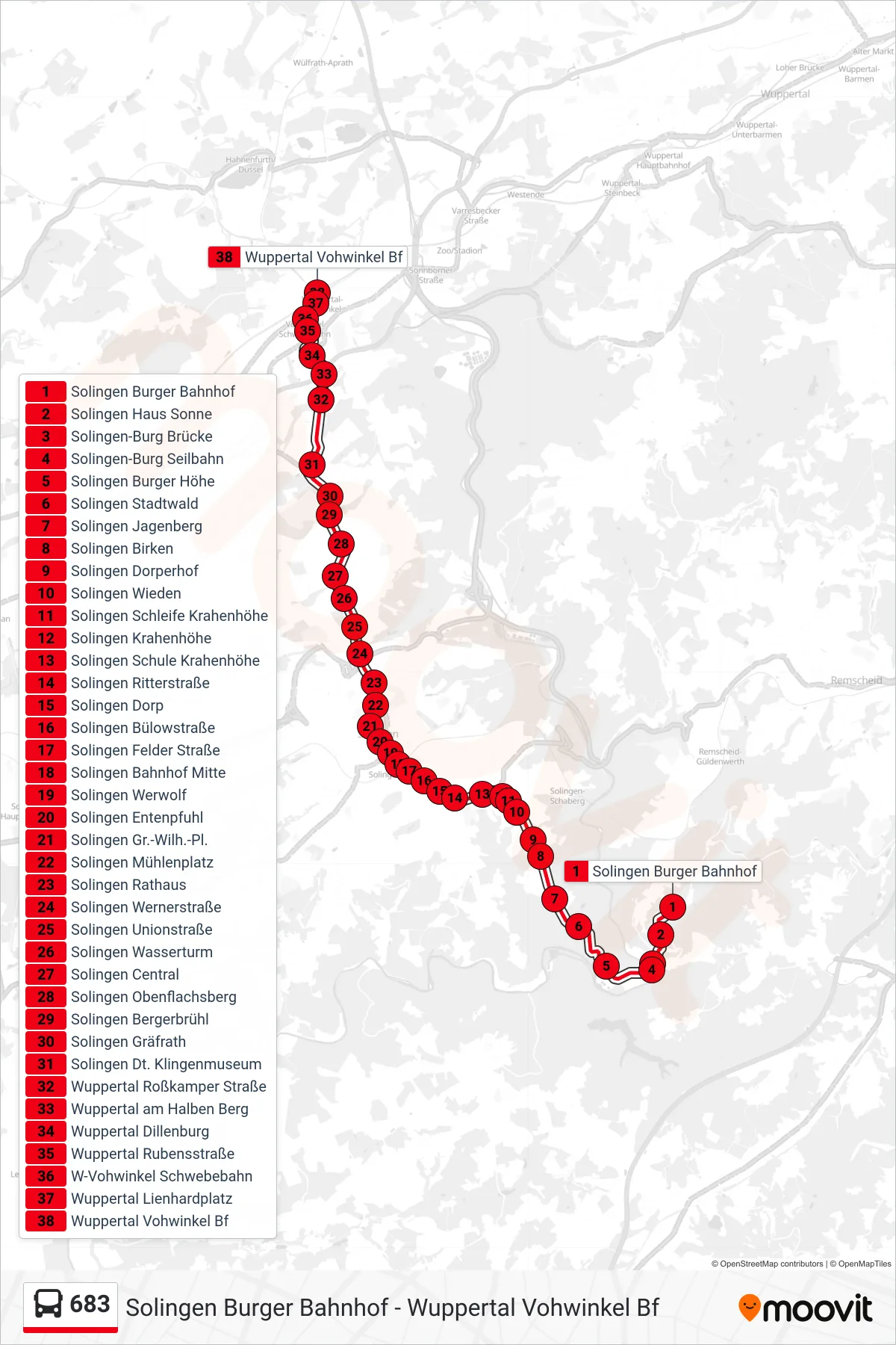 Linie 683 (Bus) Richtung Wuppertal Vohwinkel Bf: Route und Haltestellen auf der Karte