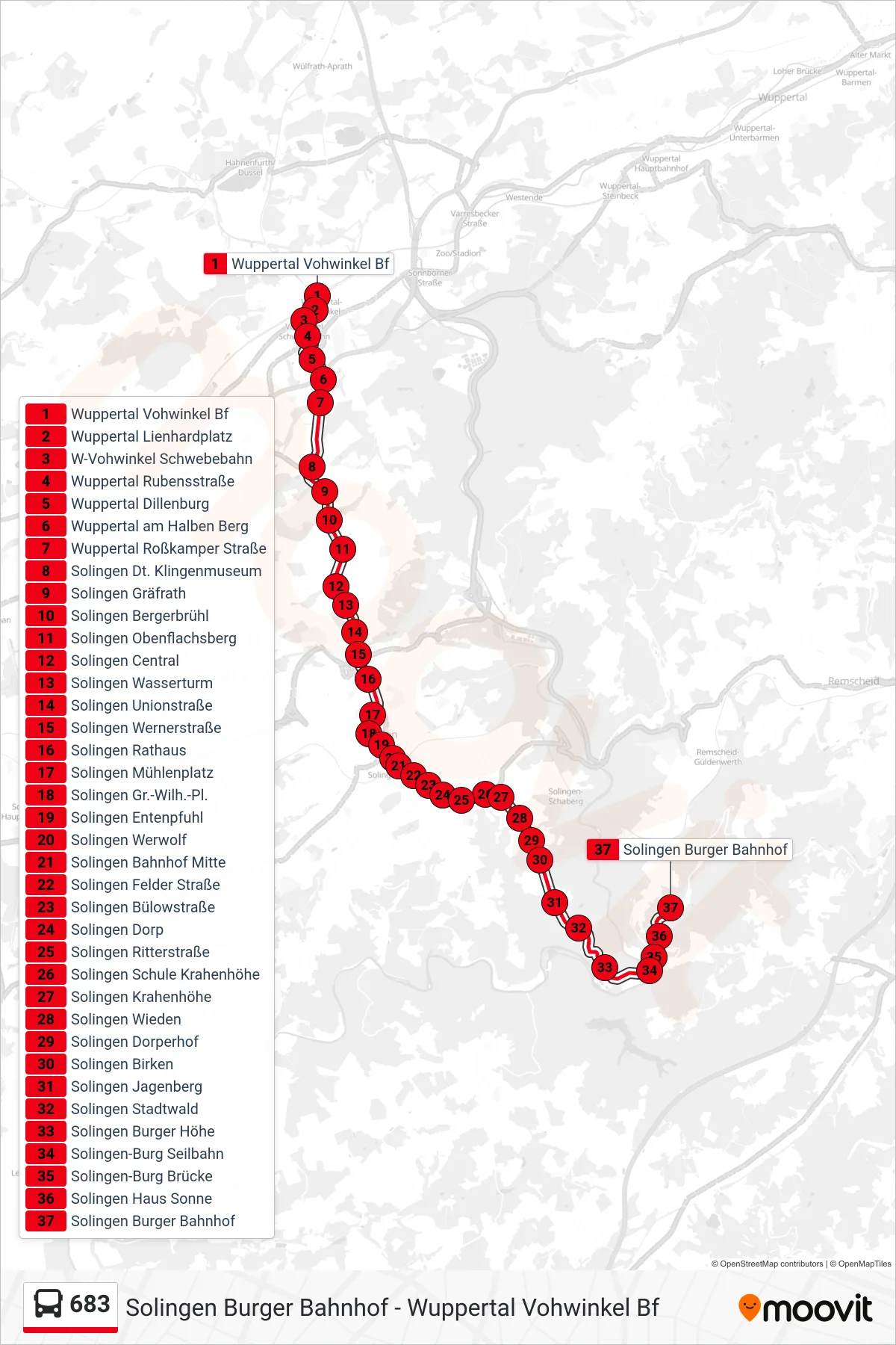 Linie 683 (Bus) Richtung Solingen Burger Bahnhof: Route und Haltestellen auf der Karte