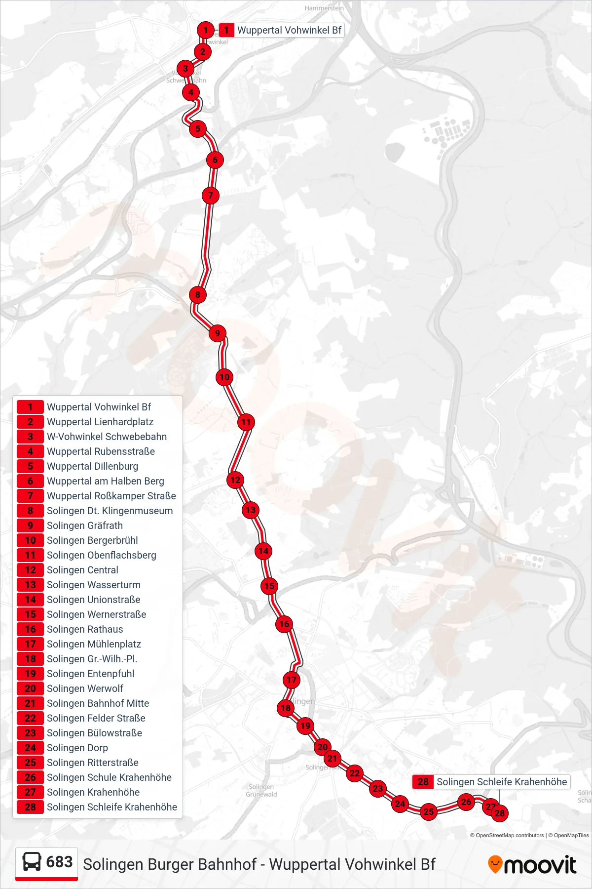 Linie 683 (Bus) Richtung Solingen Schleife Krahenhöhe: Route und Haltestellen auf der Karte