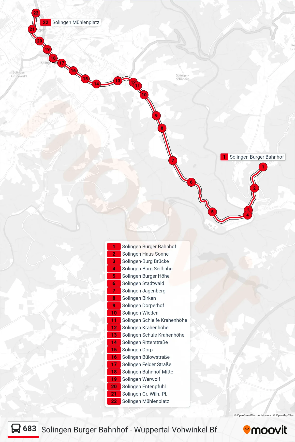 Linie 683 (Bus) Richtung Solingen Mühlenplatz: Route und Haltestellen auf der Karte