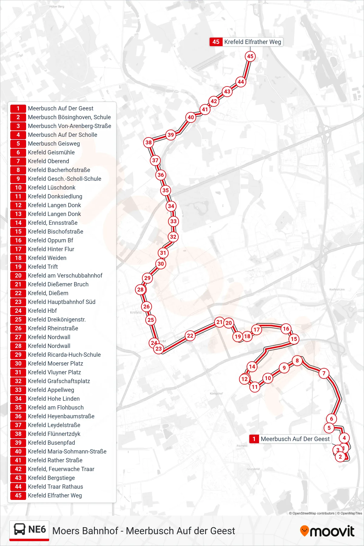 Linie NE6 (Bus) Richtung Krefeld Elfrather Weg: Route und Haltestellen auf der Karte