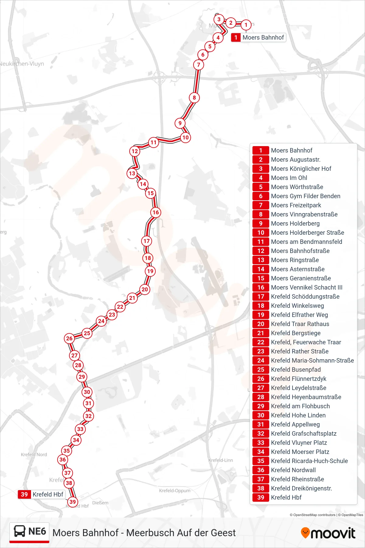 NE6 bus Line (Krefeld Hbf) route and stops on a map