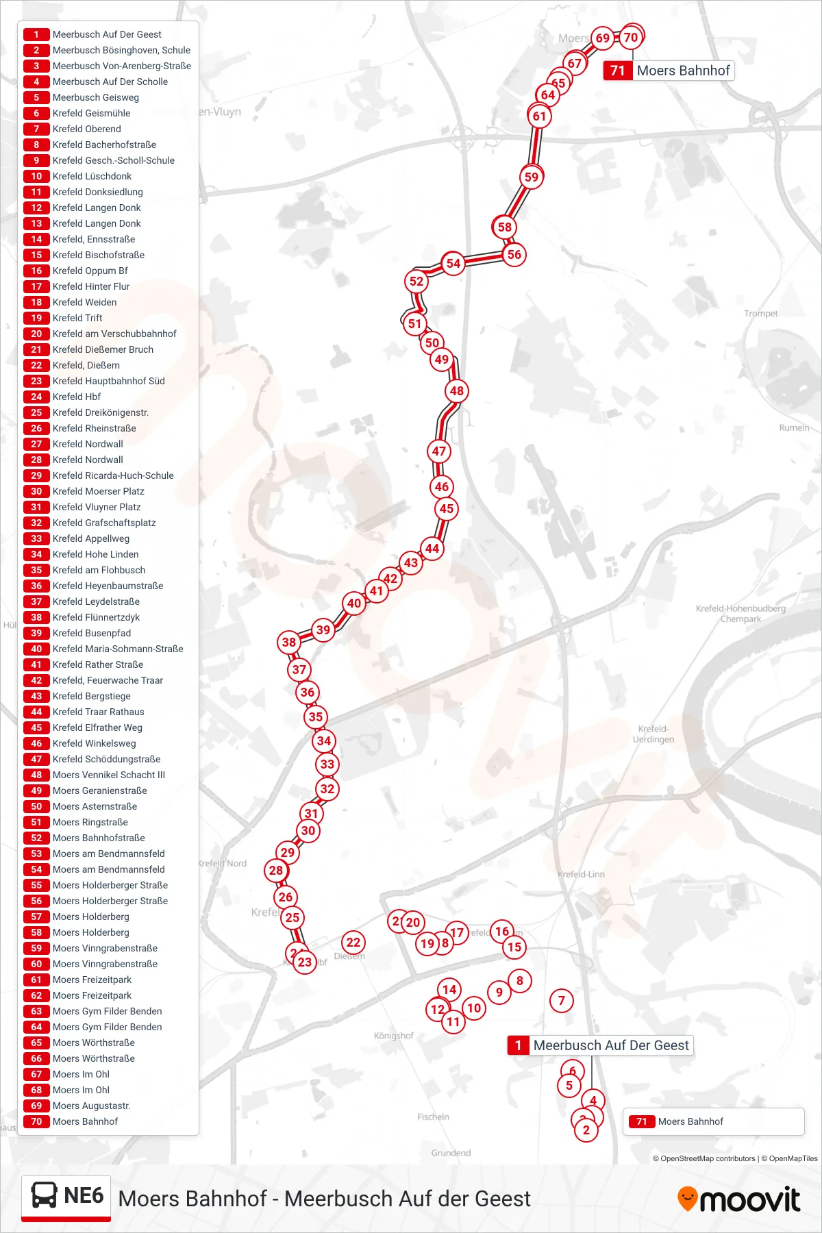 Linie NE6 (Bus) Richtung Moers Bahnhof: Route und Haltestellen auf der Karte