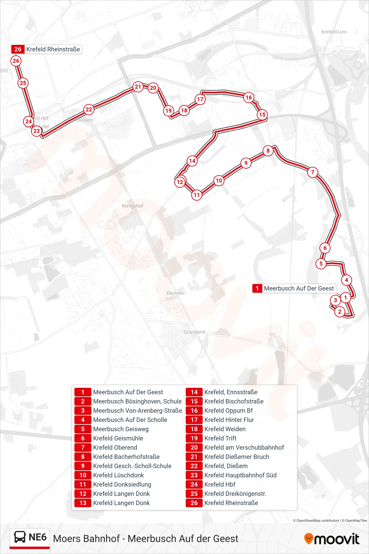 Linie NE6 (Bus) Richtung Krefeld Rheinstraße: Route und Haltestellen auf der Karte