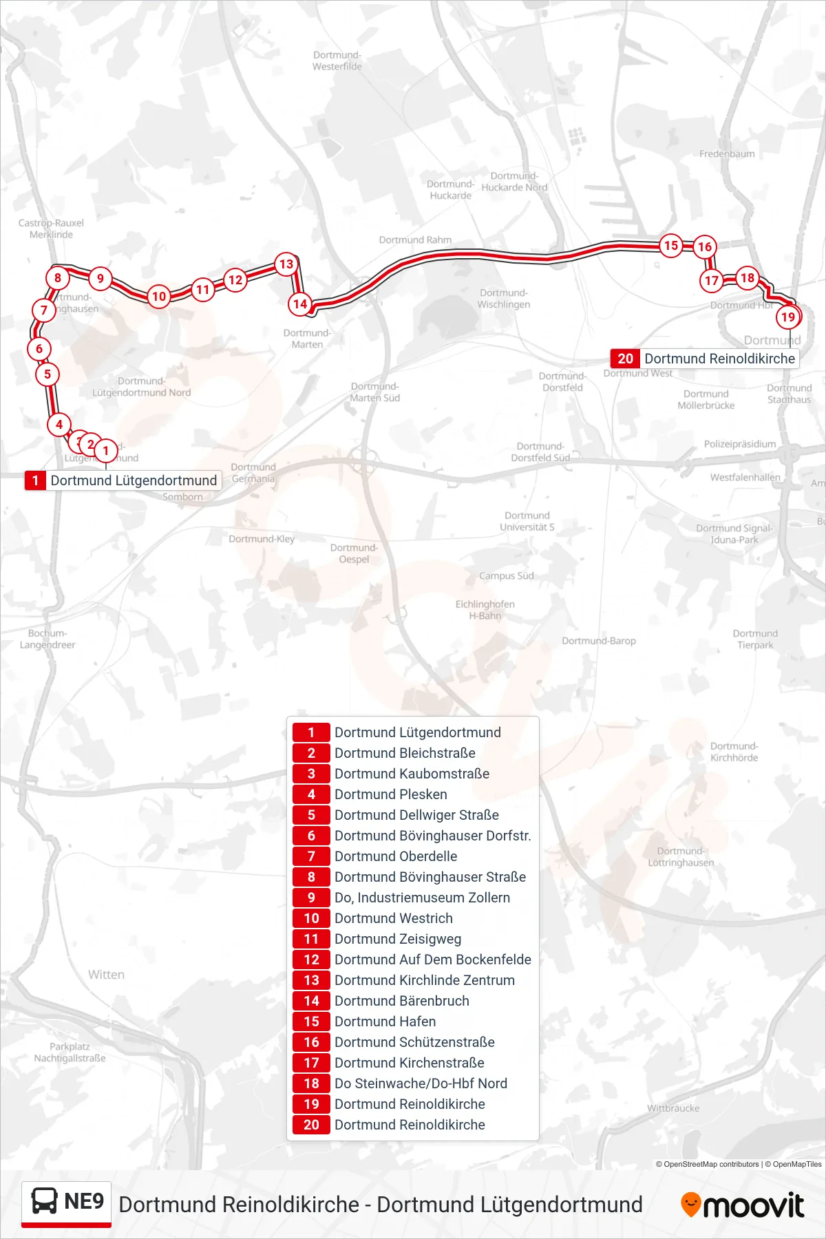 NE9 bus Line (Dortmund Reinoldikirche) route and stops on a map
