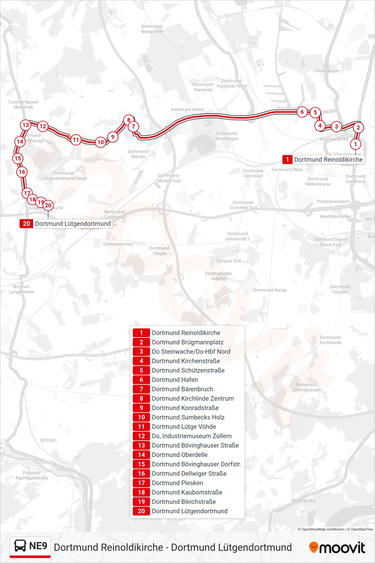 Linie NE9 (Bus) Richtung Dortmund Lütgendortmund: Route und Haltestellen auf der Karte