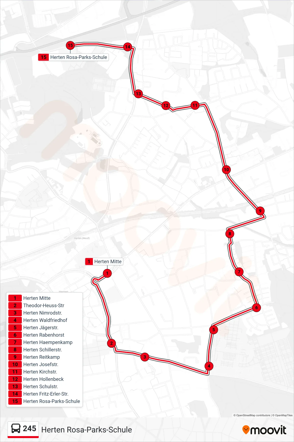 245 bus Line (Herten Rosa-Parks-Schule) route and stops on a map