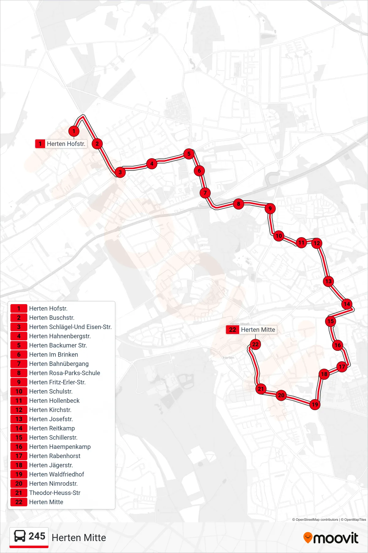 Linie 245 (Bus) Richtung Herten Mitte: Route und Haltestellen auf der Karte