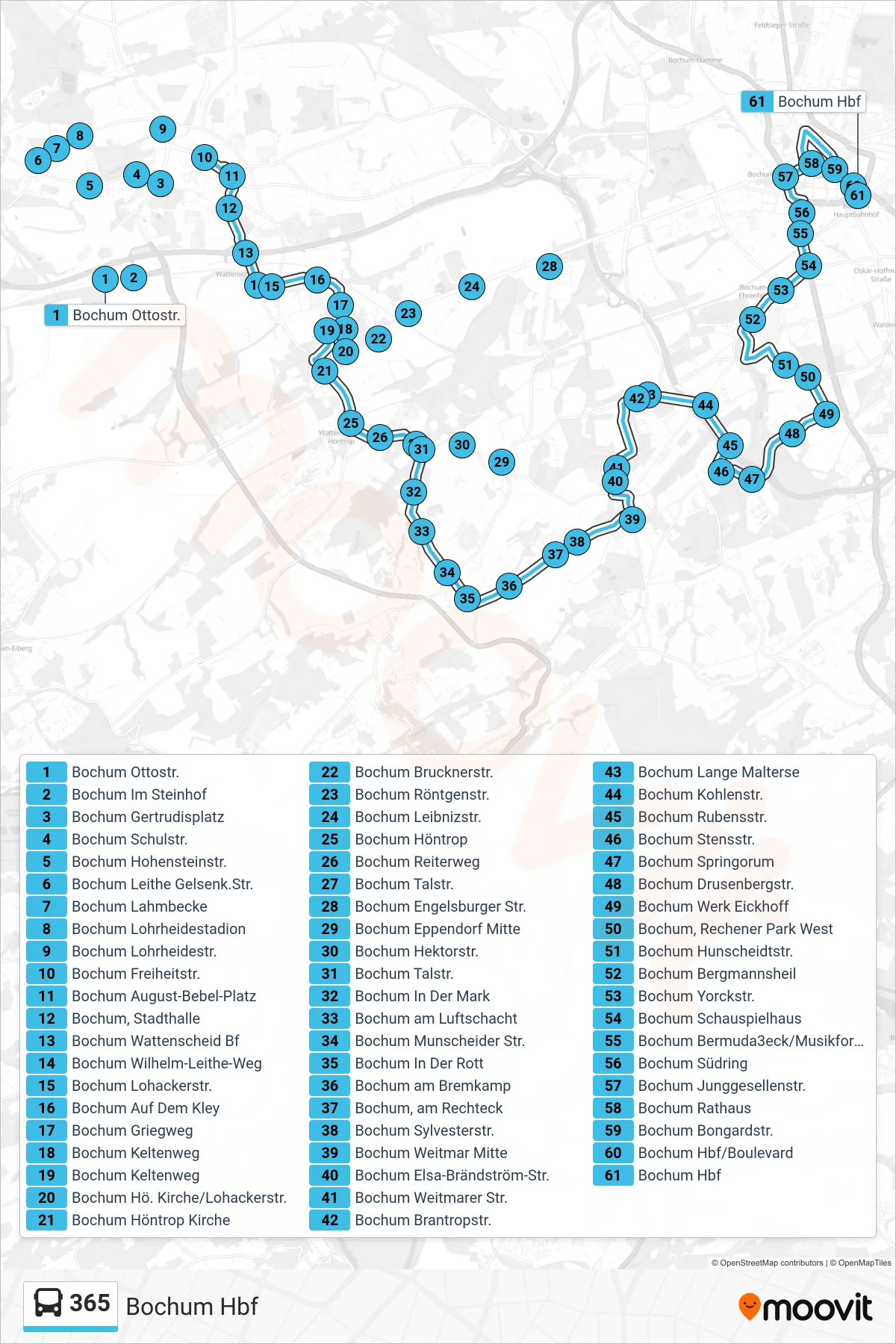 365 bus Line (Bochum Hbf) route and stops on a map