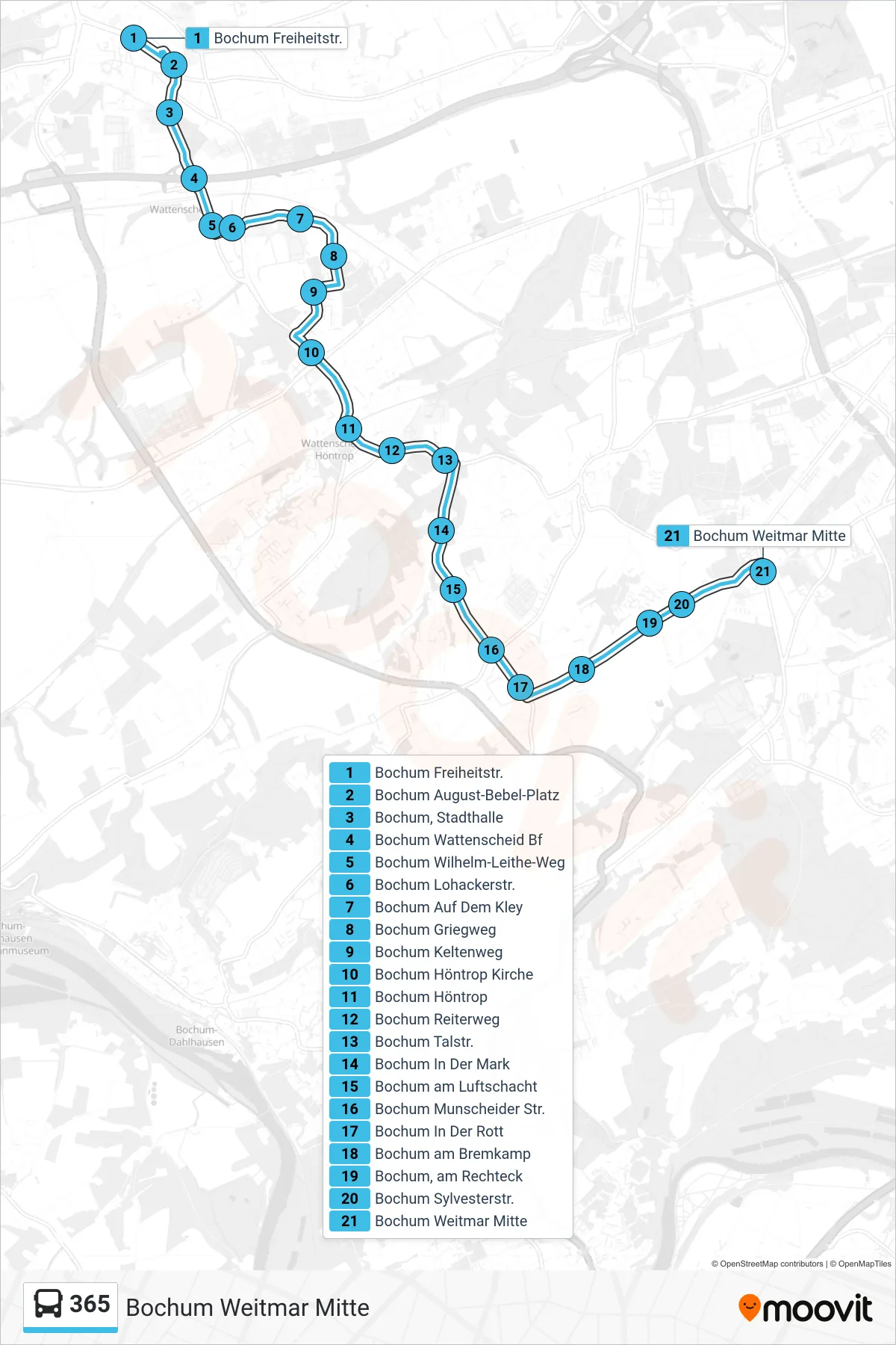 Linie 365 (Bus) Richtung Bochum Weitmar Mitte: Route und Haltestellen auf der Karte