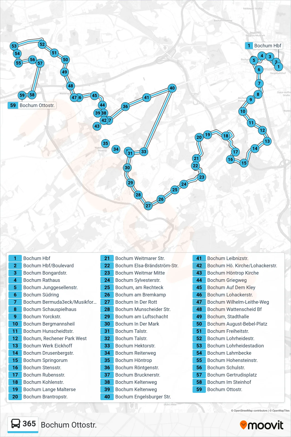 Linie 365 (Bus) Richtung Bochum Ottostr.: Route und Haltestellen auf der Karte