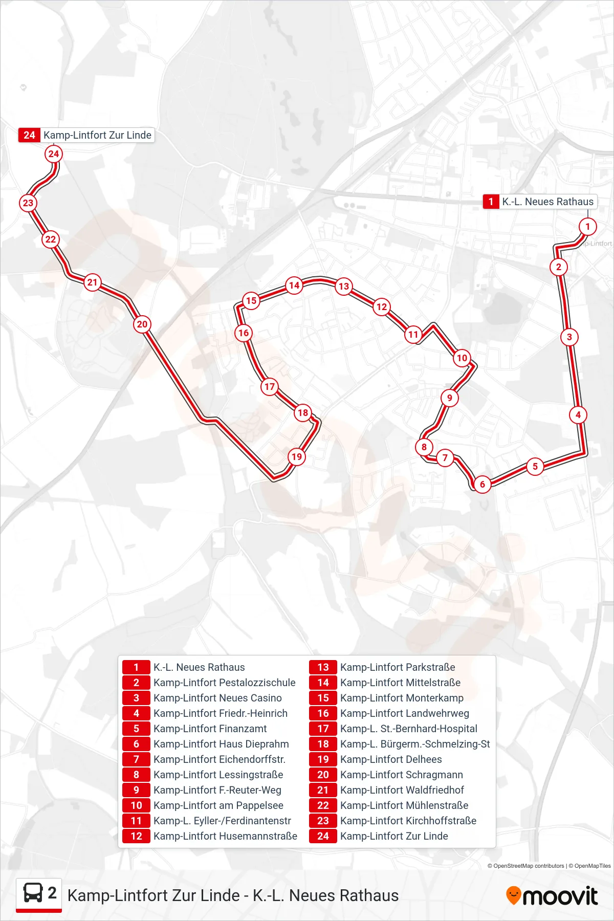 Linie 2 (Bus) Richtung Kamp-Lintfort Zur Linde: Route und Haltestellen auf der Karte