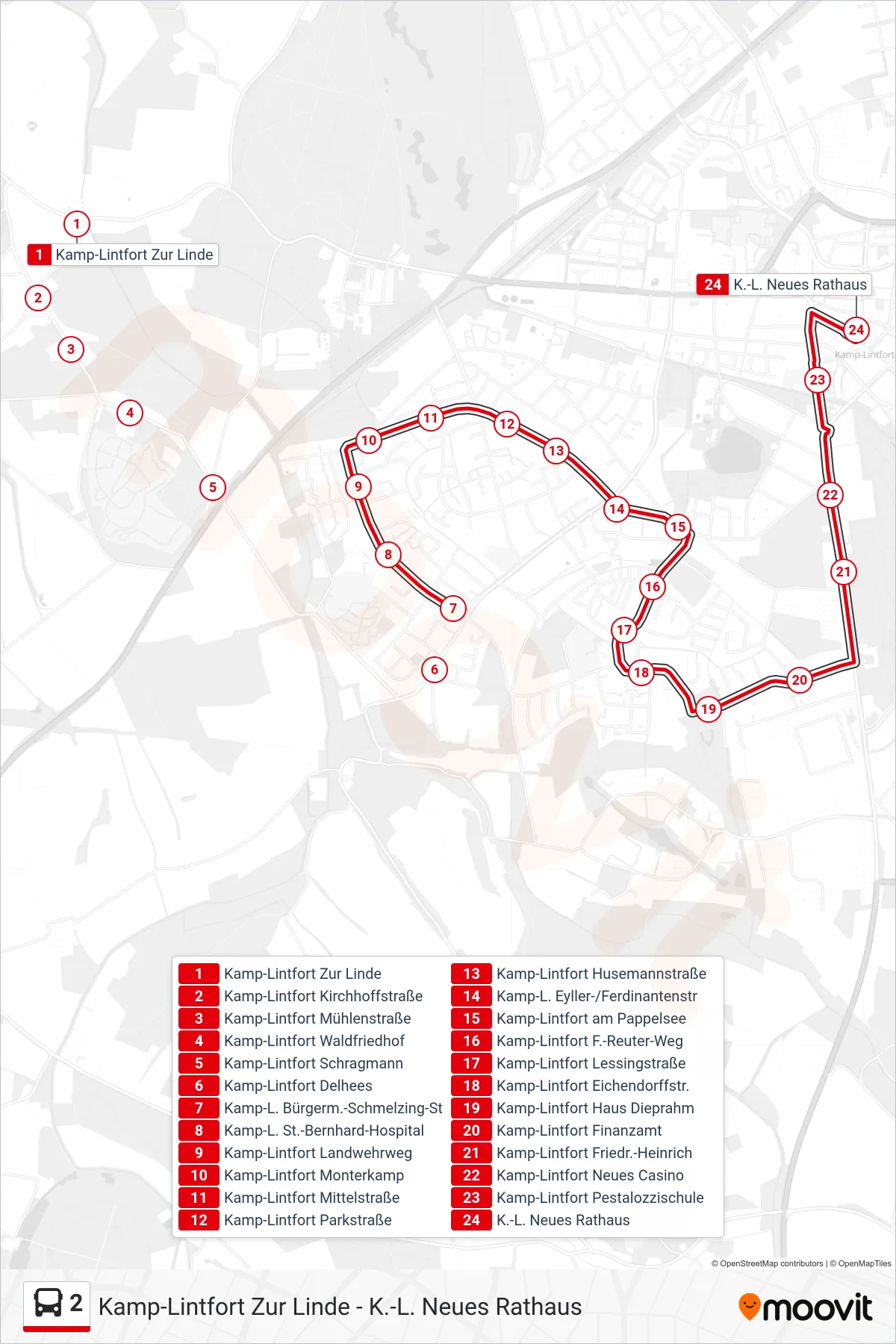 Linie 2 (Bus) Richtung K.-L. Neues Rathaus: Route und Haltestellen auf der Karte