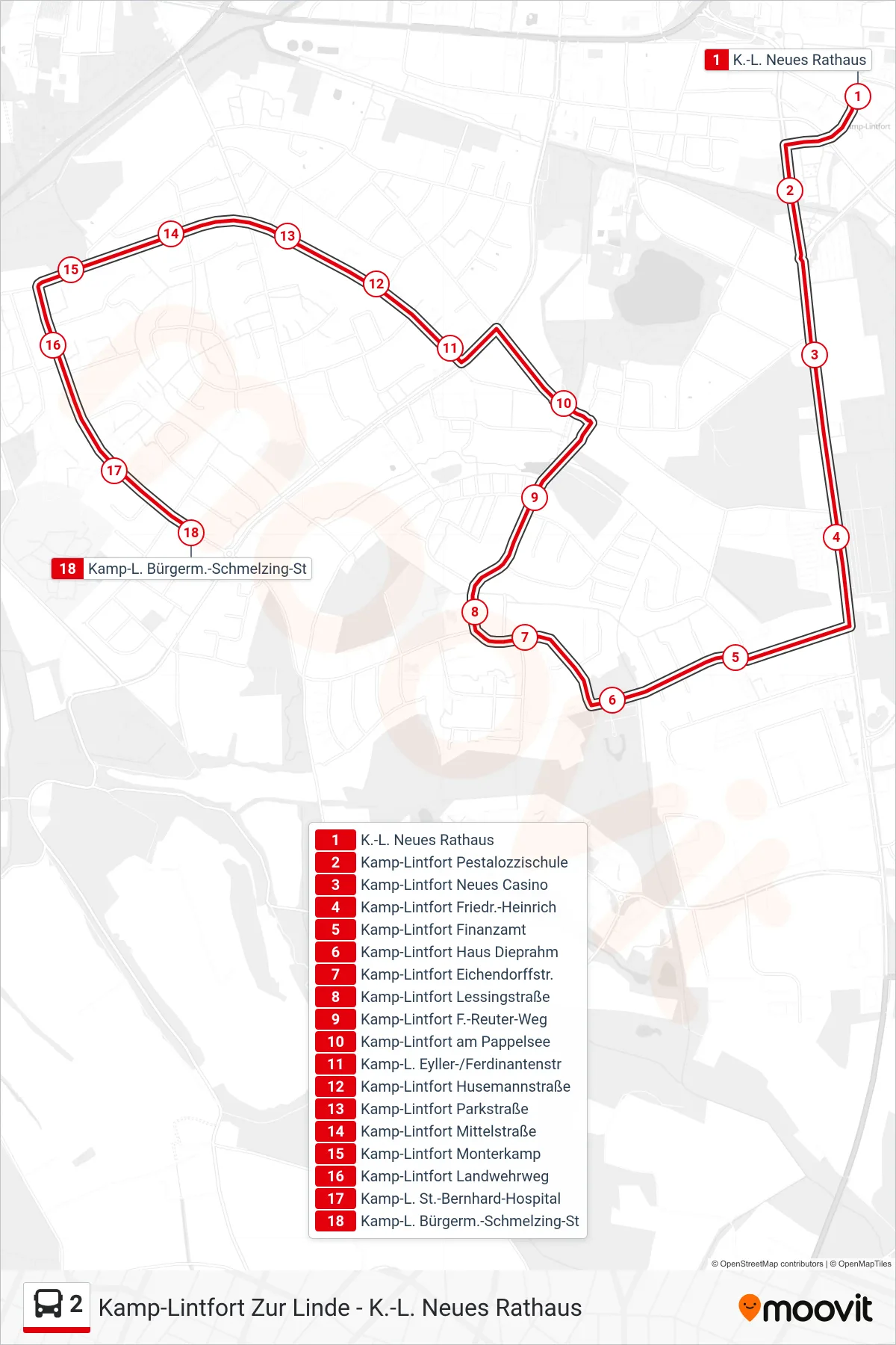 Linie 2 (Bus) Richtung Kamp-L. Bürgerm.-Schmelzing-St: Route und Haltestellen auf der Karte