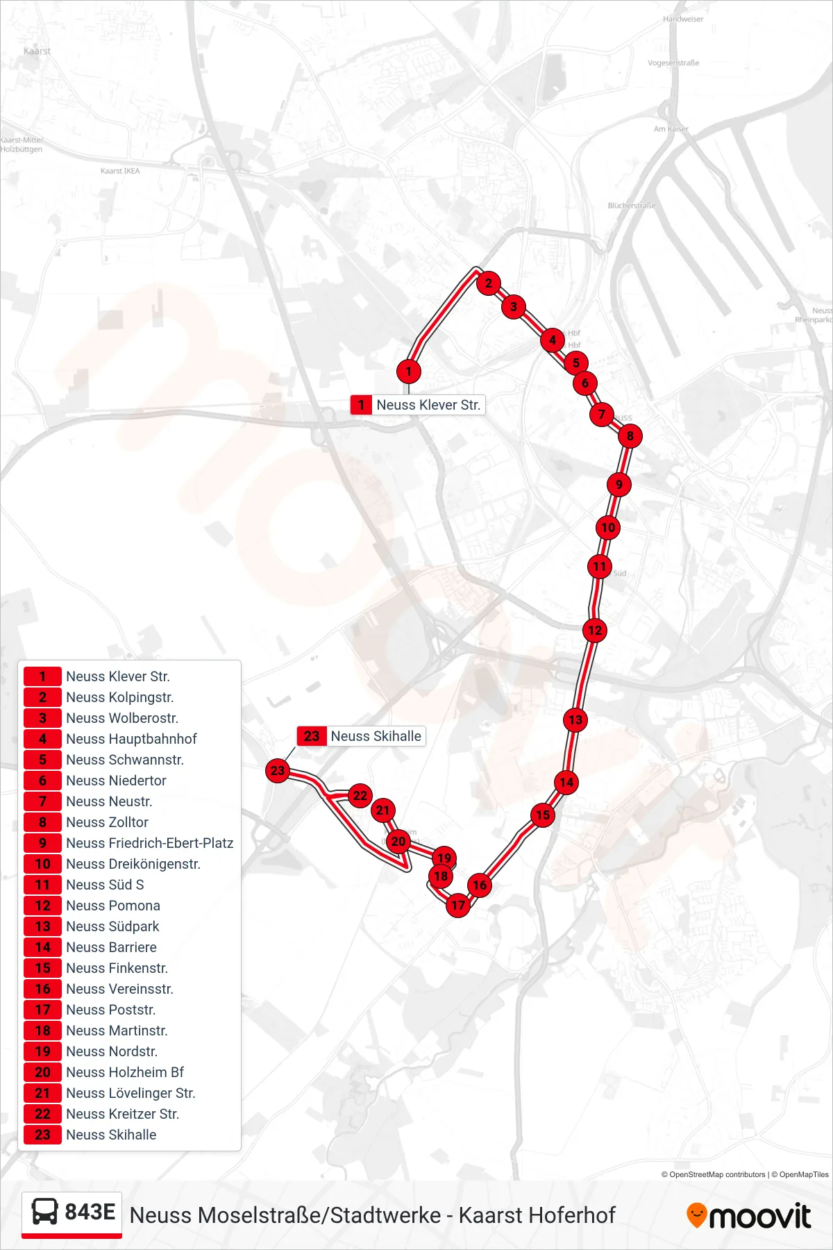 843E bus Line (Neuss Skihalle) route and stops on a map