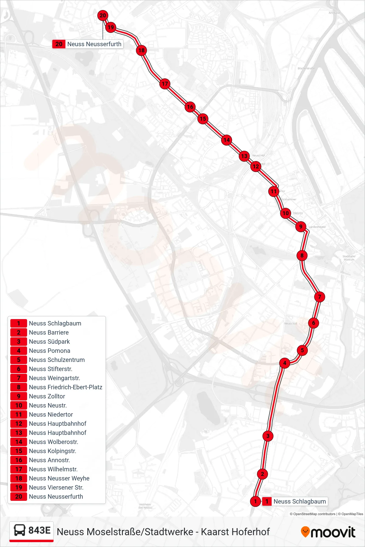 Linie 843E (Bus) Richtung Neuss Neusserfurth: Route und Haltestellen auf der Karte