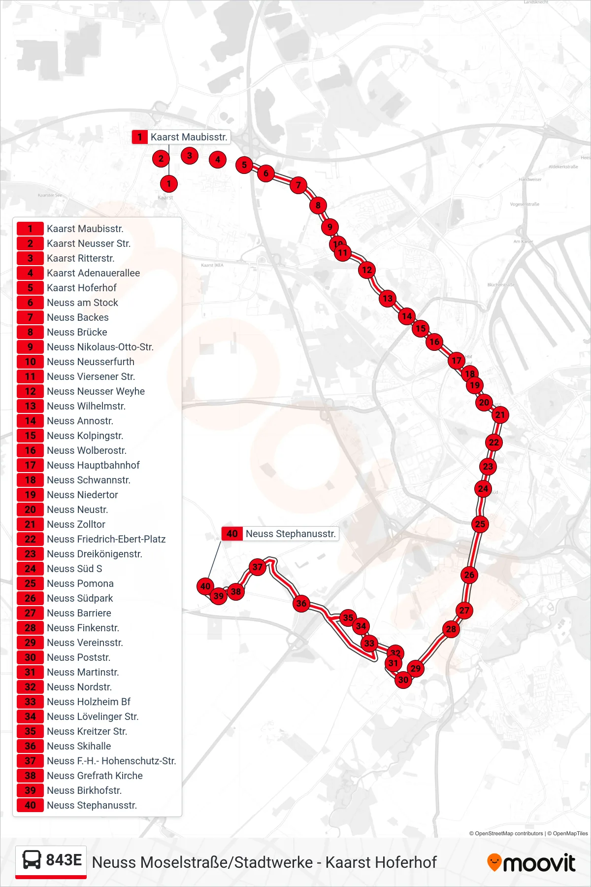 843E bus Line (Neuss Stephanusstr.) route and stops on a map
