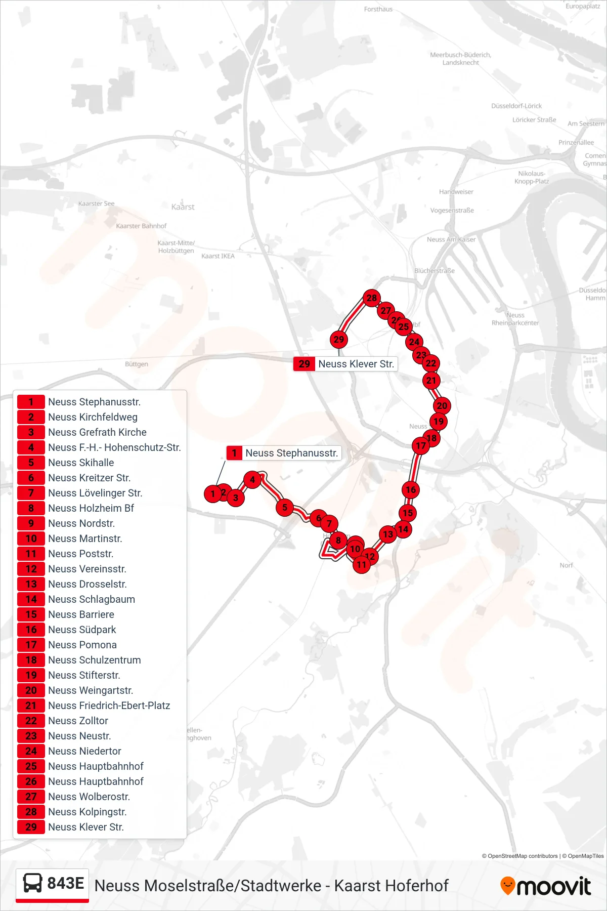 843E bus Line (Neuss Klever Str.) route and stops on a map