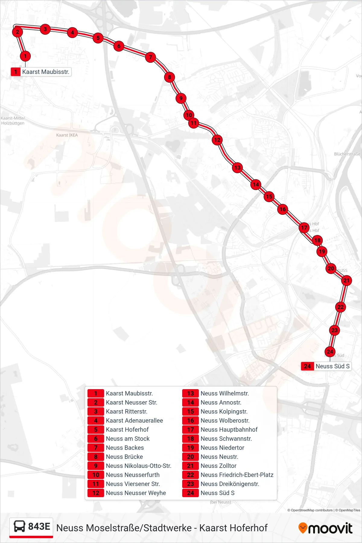 Linie 843E (Bus) Richtung Neuss Süd S: Route und Haltestellen auf der Karte