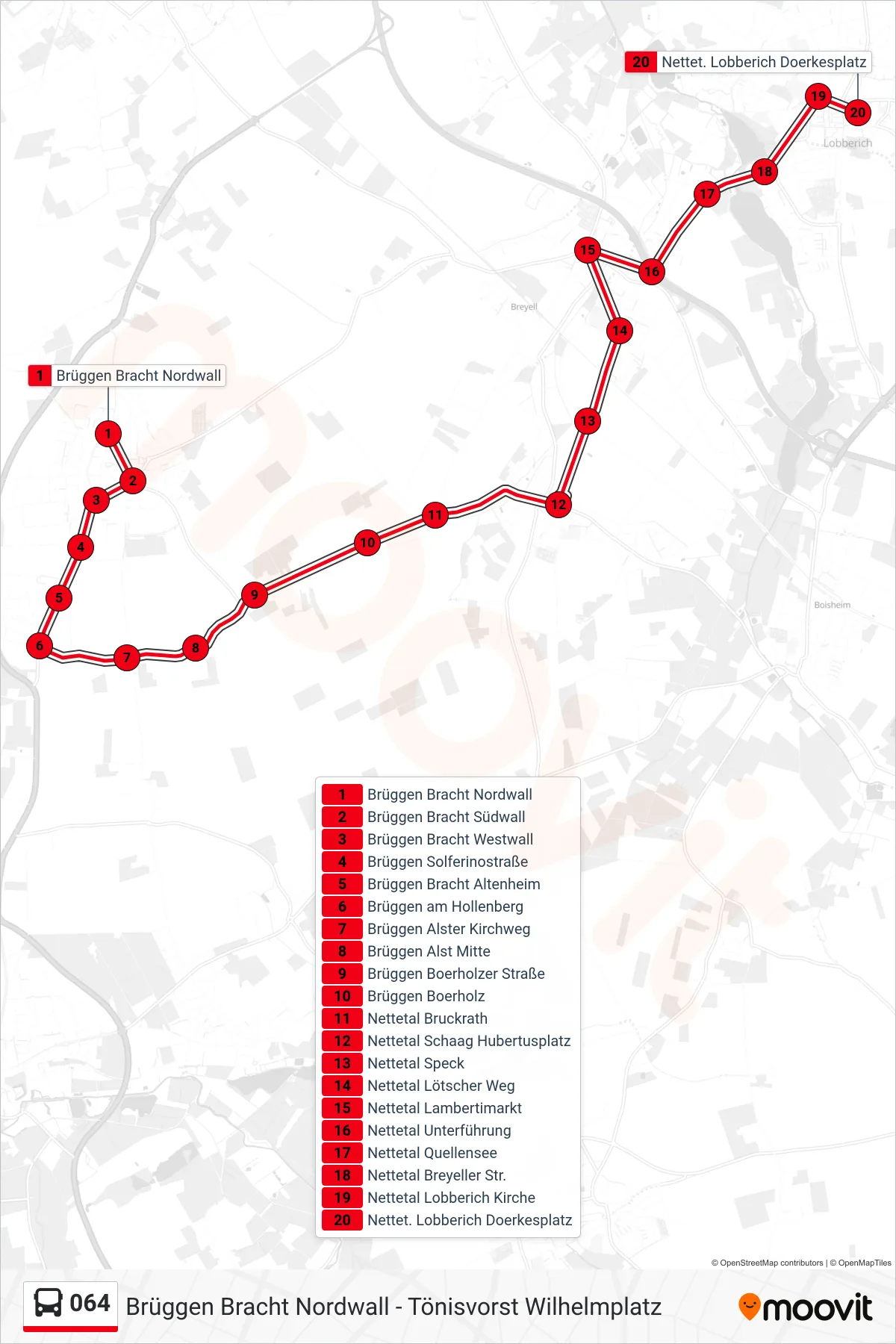 Linie 064 (Bus) Richtung Nettet. Lobberich Doerkesplatz: Route und Haltestellen auf der Karte