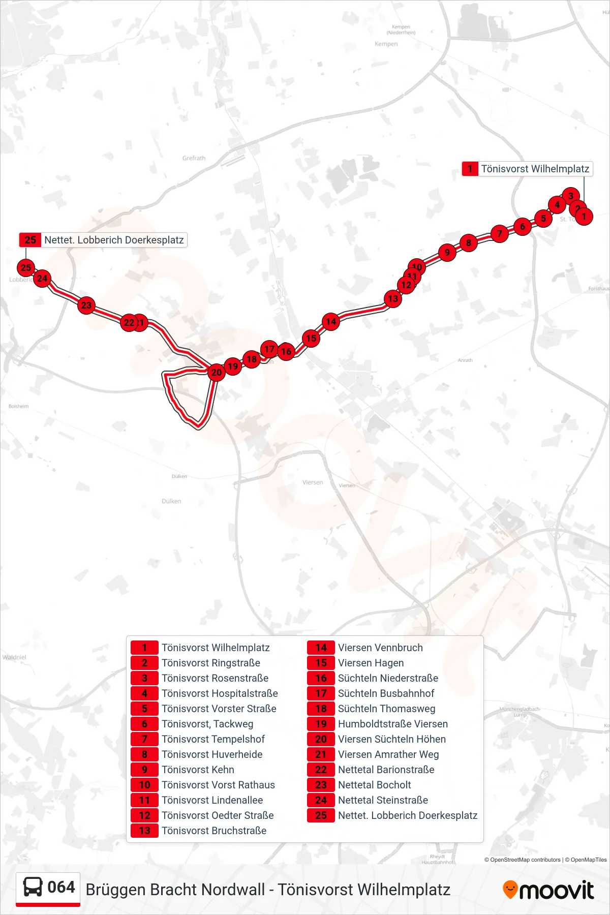 064 bus Line (Nettet. Lobberich Doerkesplatz) route and stops on a map