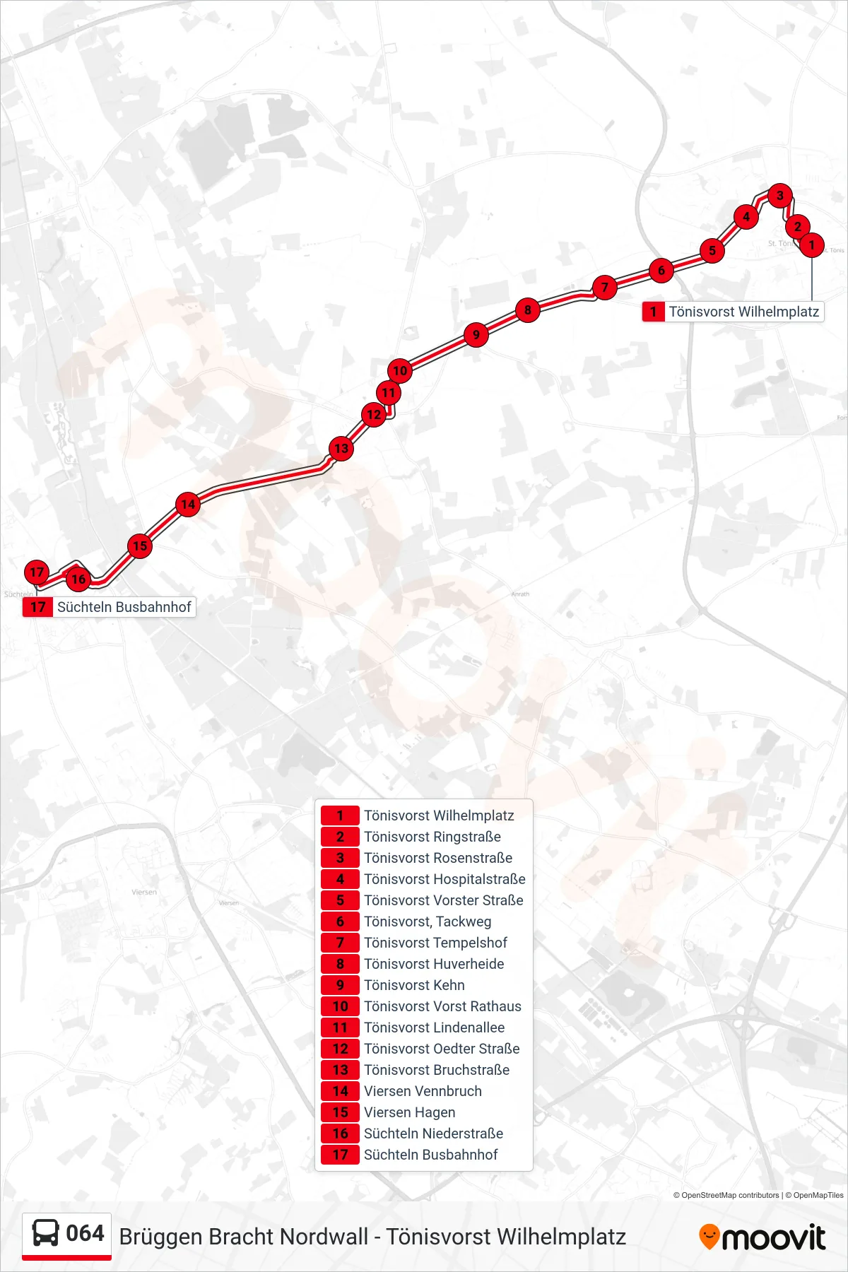 064 bus Line (Süchteln Busbahnhof) route and stops on a map
