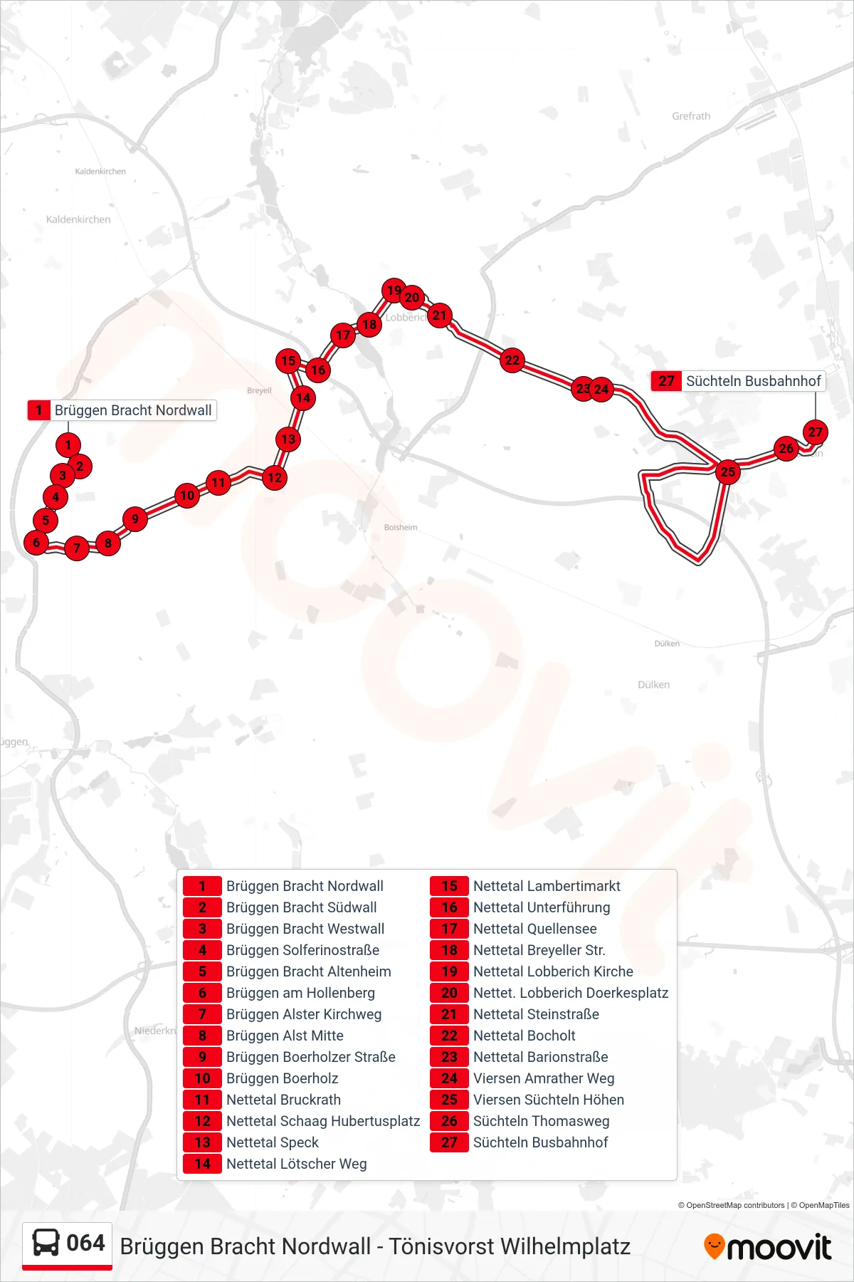 064 bus Line (Süchteln Busbahnhof) route and stops on a map