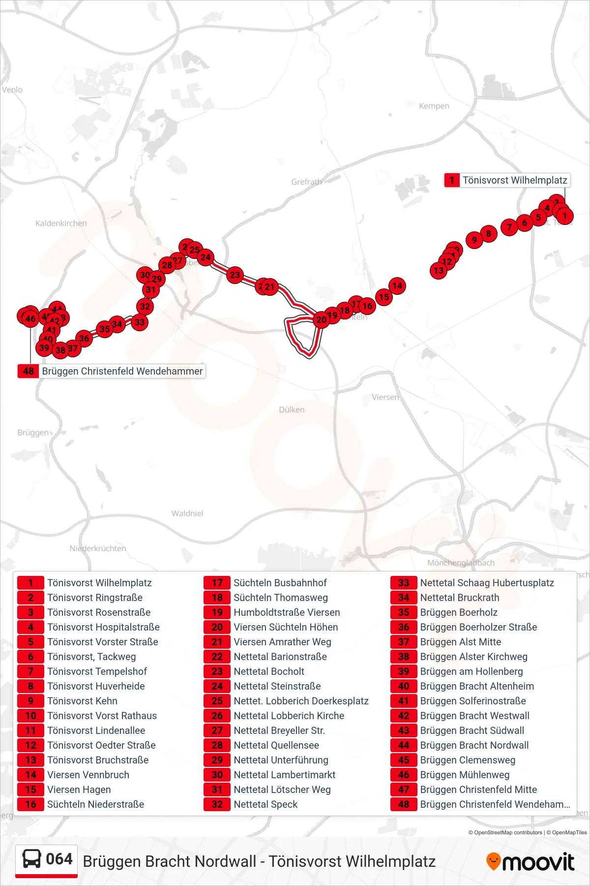 064 bus Line (Brüggen Christenfeld Wendehammer) route and stops on a map