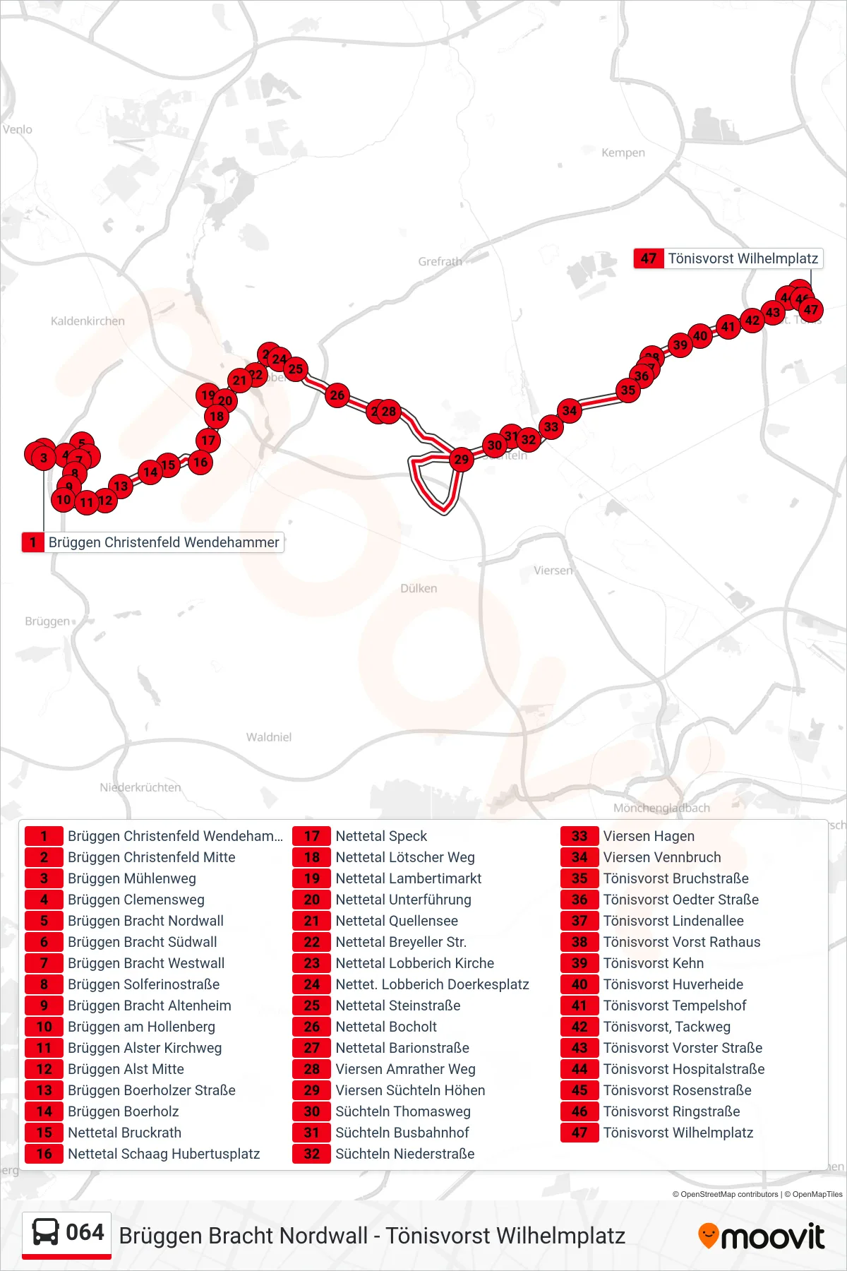 064 bus Line (Tönisvorst Wilhelmplatz) route and stops on a map