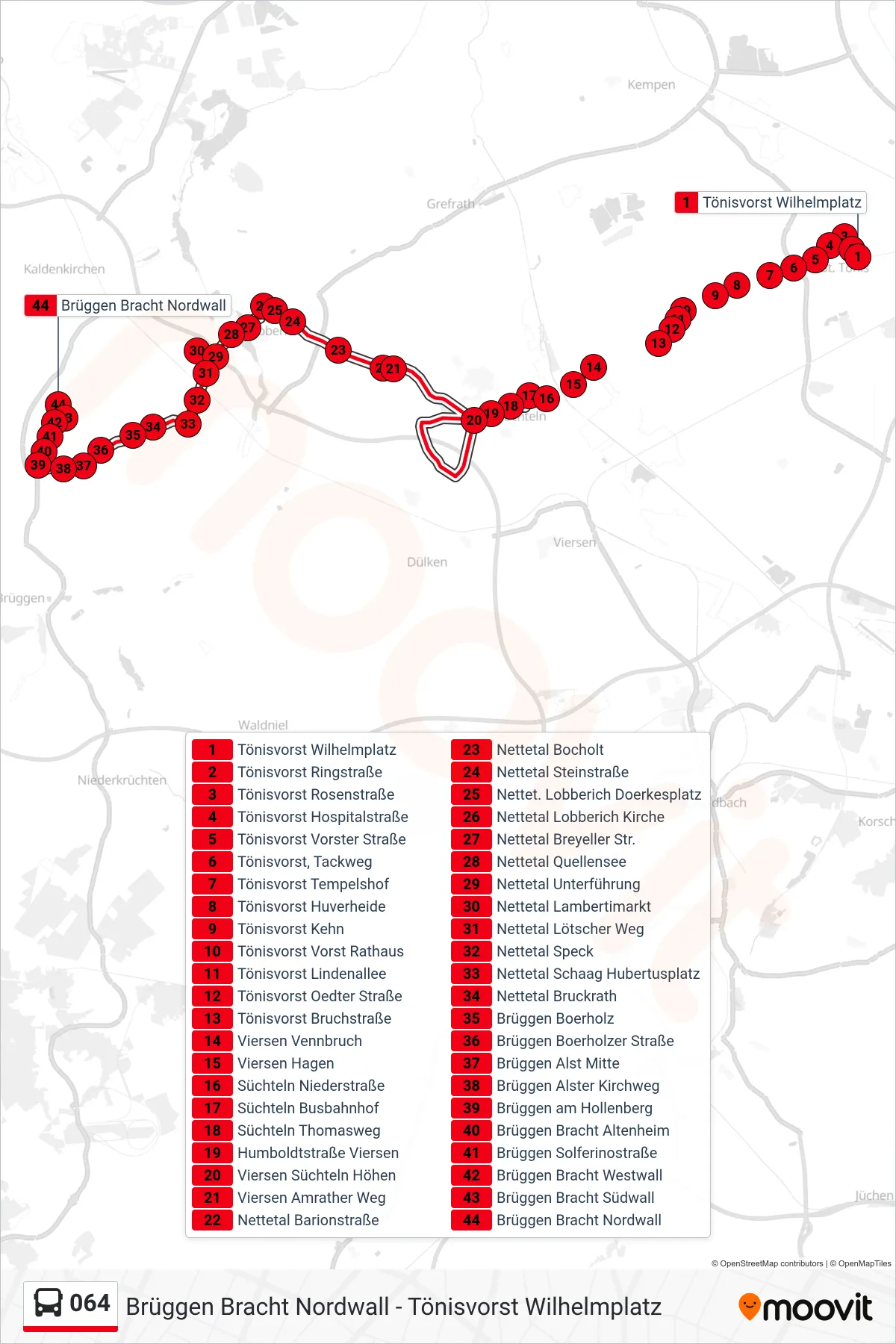 064 bus Line (Brüggen Bracht Nordwall) route and stops on a map