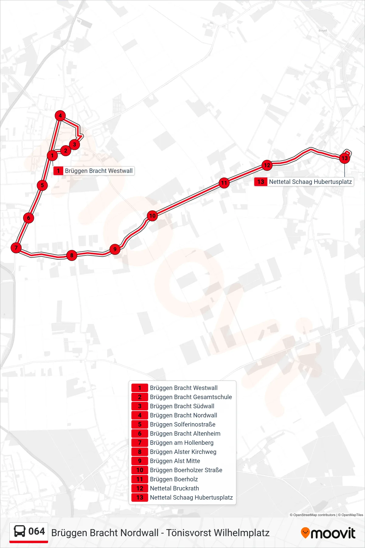 064 bus Line (Nettetal Schaag Hubertusplatz) route and stops on a map